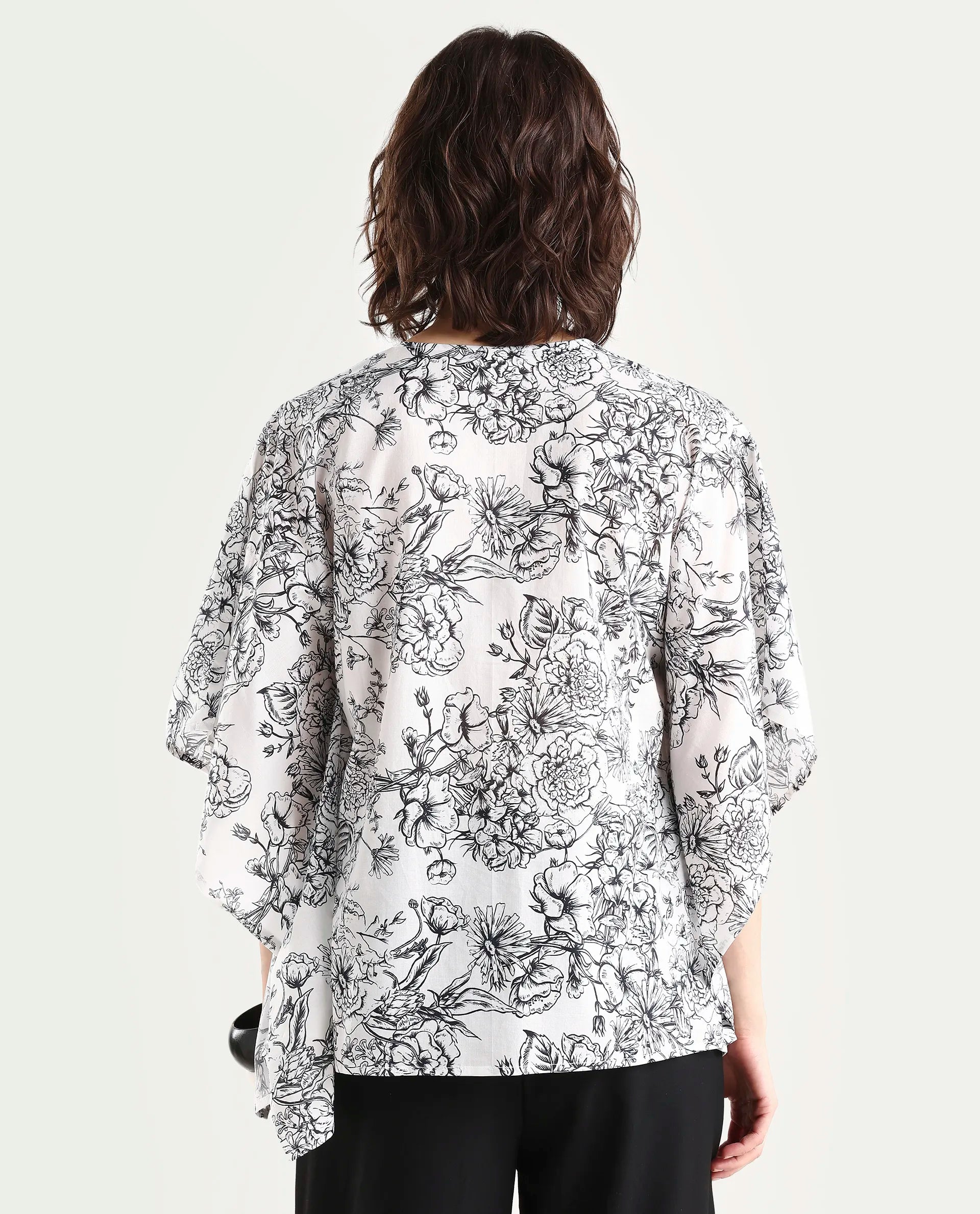 Rareism Women's Vasil White Cotton Half Sleeve V-Neck Regular Fit Floral Print Top