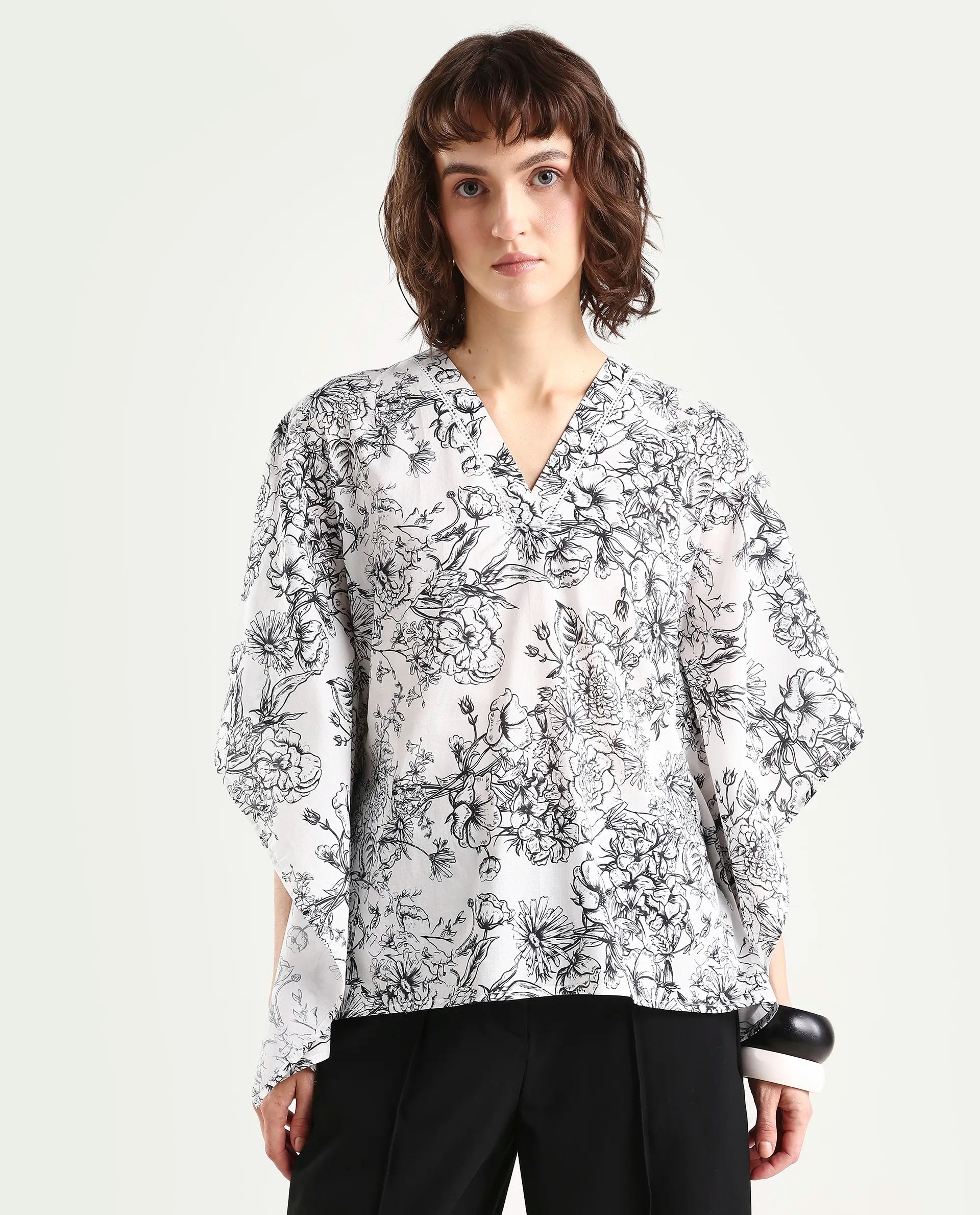 Rareism Women's Vasil White Cotton Half Sleeve V-Neck Regular Fit Floral Print Top