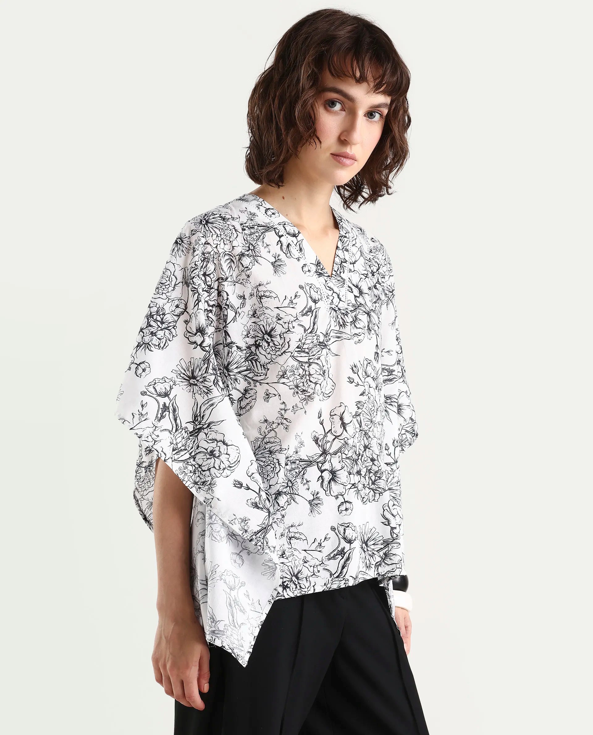 Rareism Women's Vasil White Cotton Half Sleeve V-Neck Regular Fit Floral Print Top