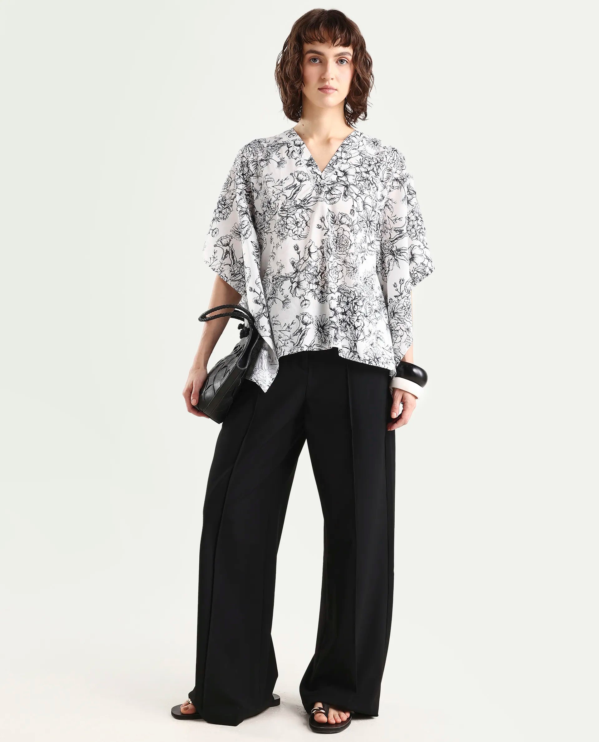 Rareism Women's Vasil White Cotton Half Sleeve V-Neck Regular Fit Floral Print Top