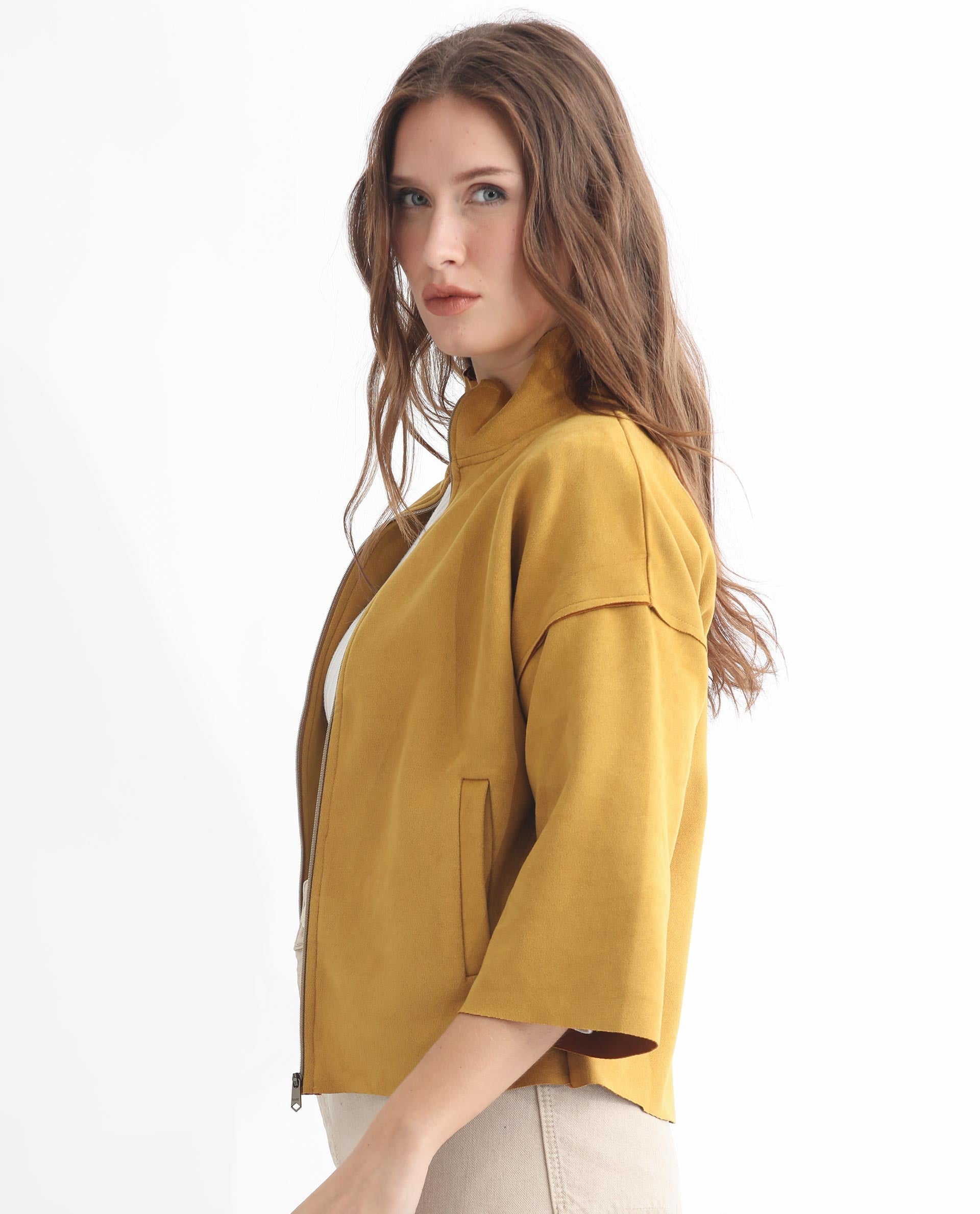 Rareism Women Vasu 1 Mustard Polyester Fabric 3/4Th Sleeves Solid Mandarin Collar Jacket