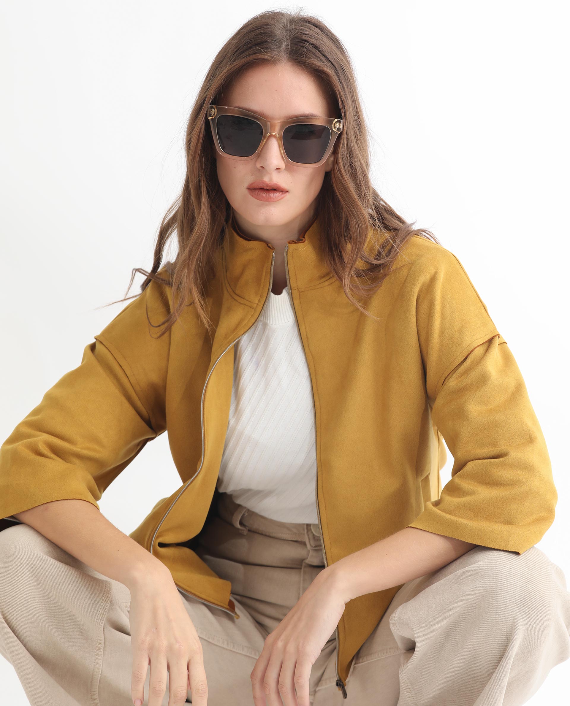 Rareism Women's Vasu 1 Mustard Suede Mandarin Collar Plain Regular Fit Jacket
