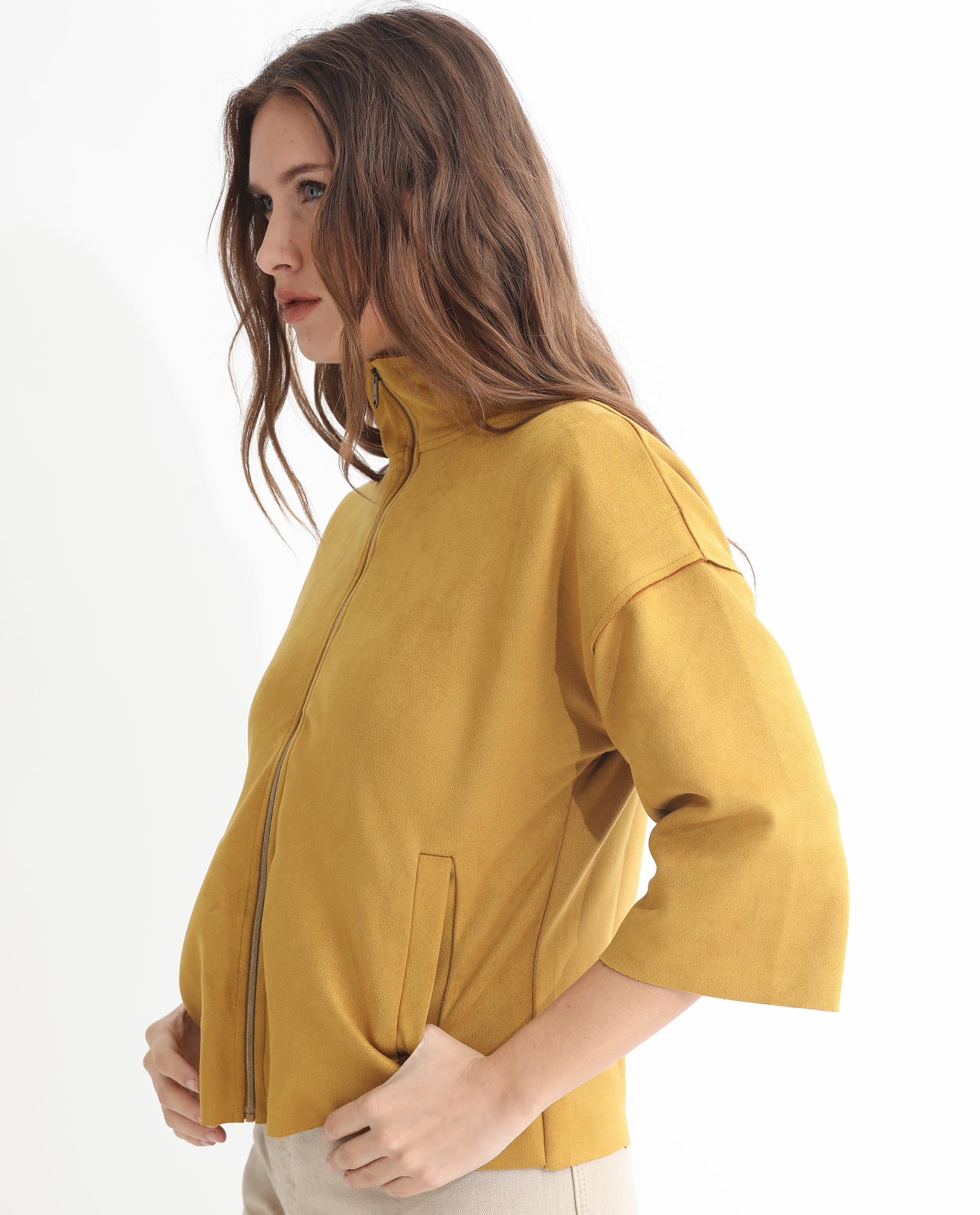 Rareism Women Vasu 1 Mustard Polyester Fabric 3/4Th Sleeves Solid Mandarin Collar Jacket