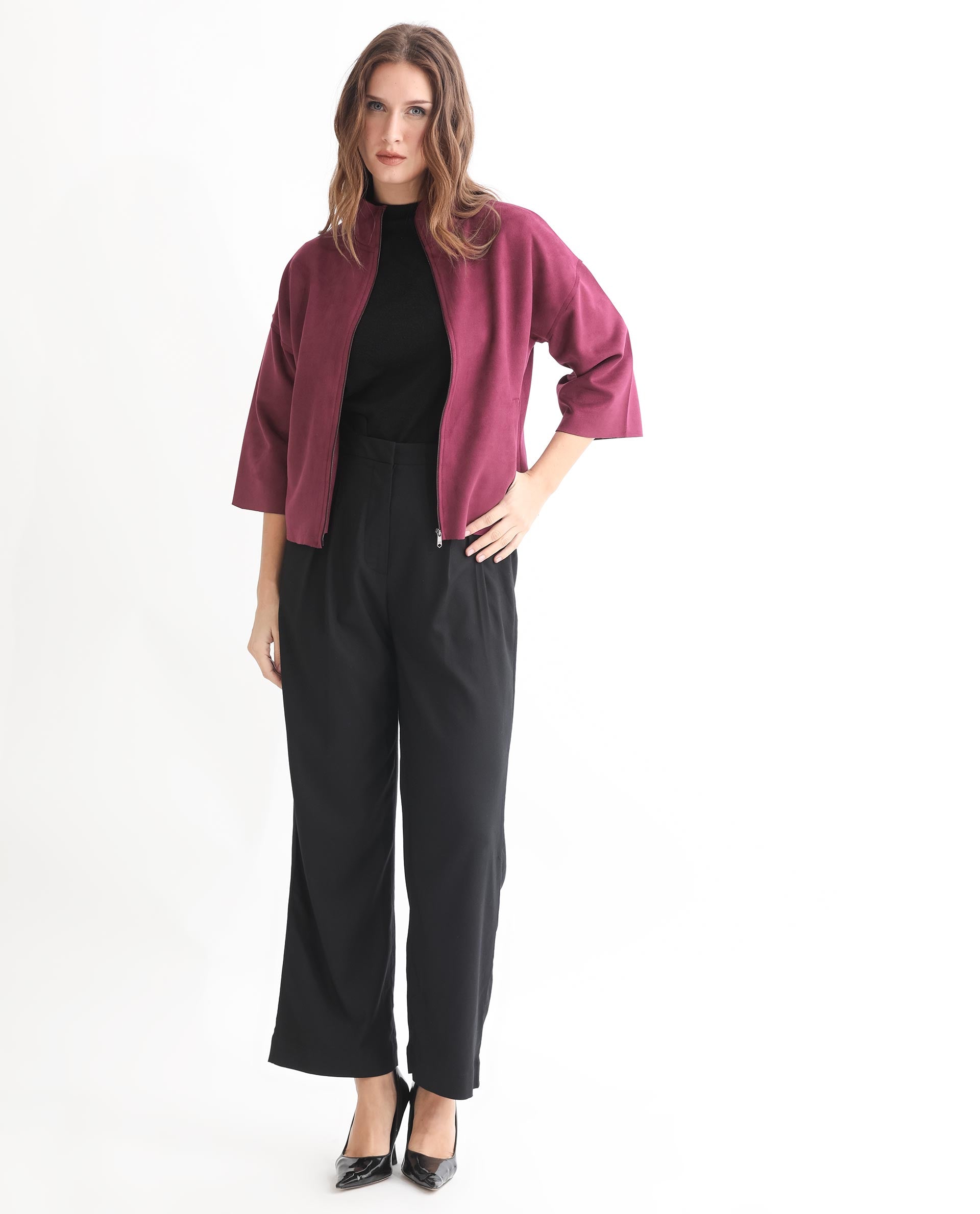 Rareism Women's Vasu 1 Pink Suede Mandarin Collar Plain Regular Fit Jacket