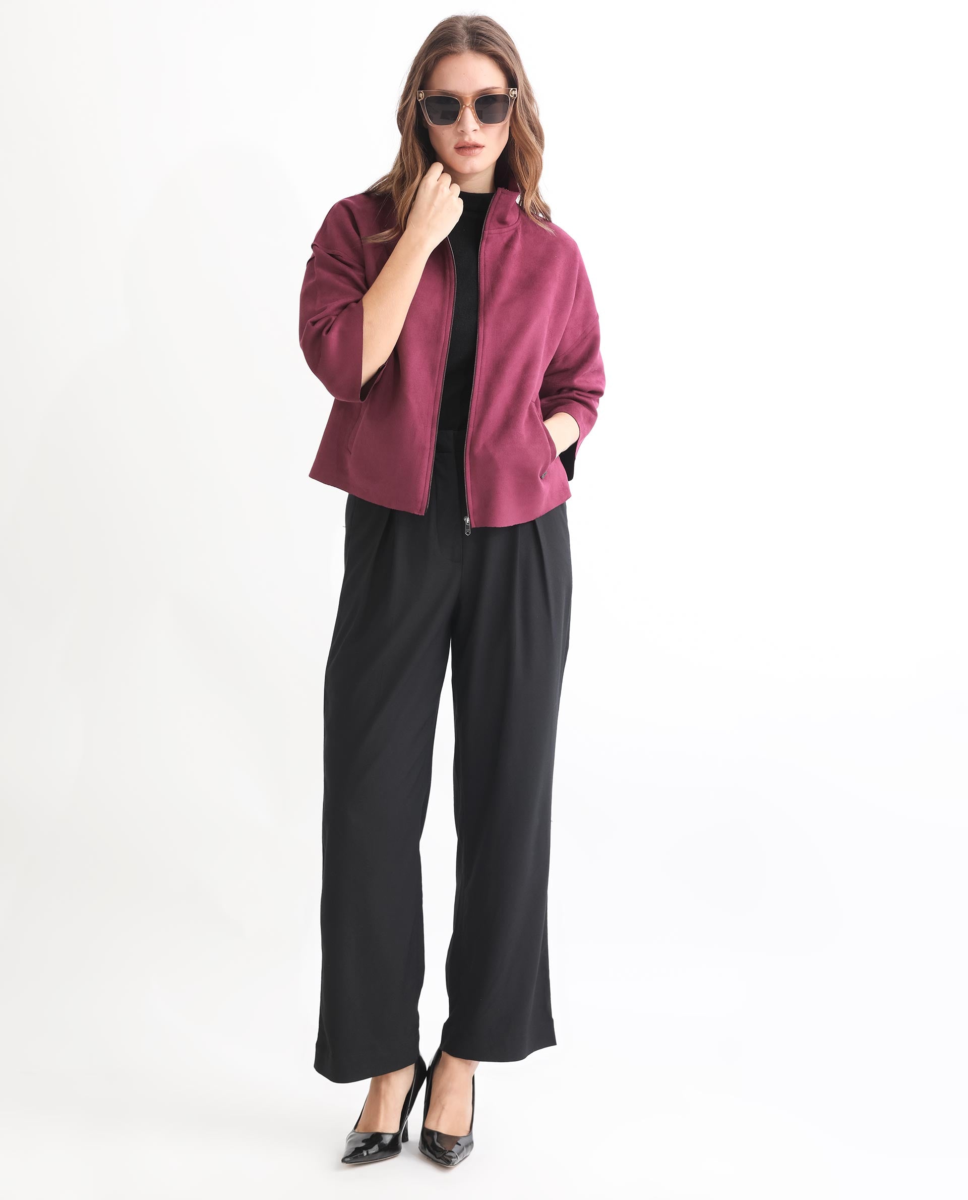 Rareism Women Vasu 1 Pink Polyester Fabric 3/4Th Sleeves Solid Mandarin Collar Jacket