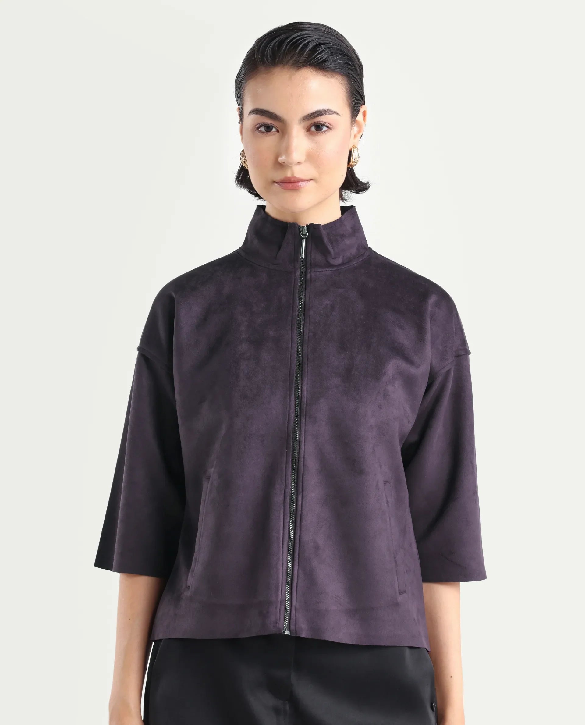 Rareism Women's Vasu-25 Purple Polyester Blend Crew Neck Regular Fit Jacket