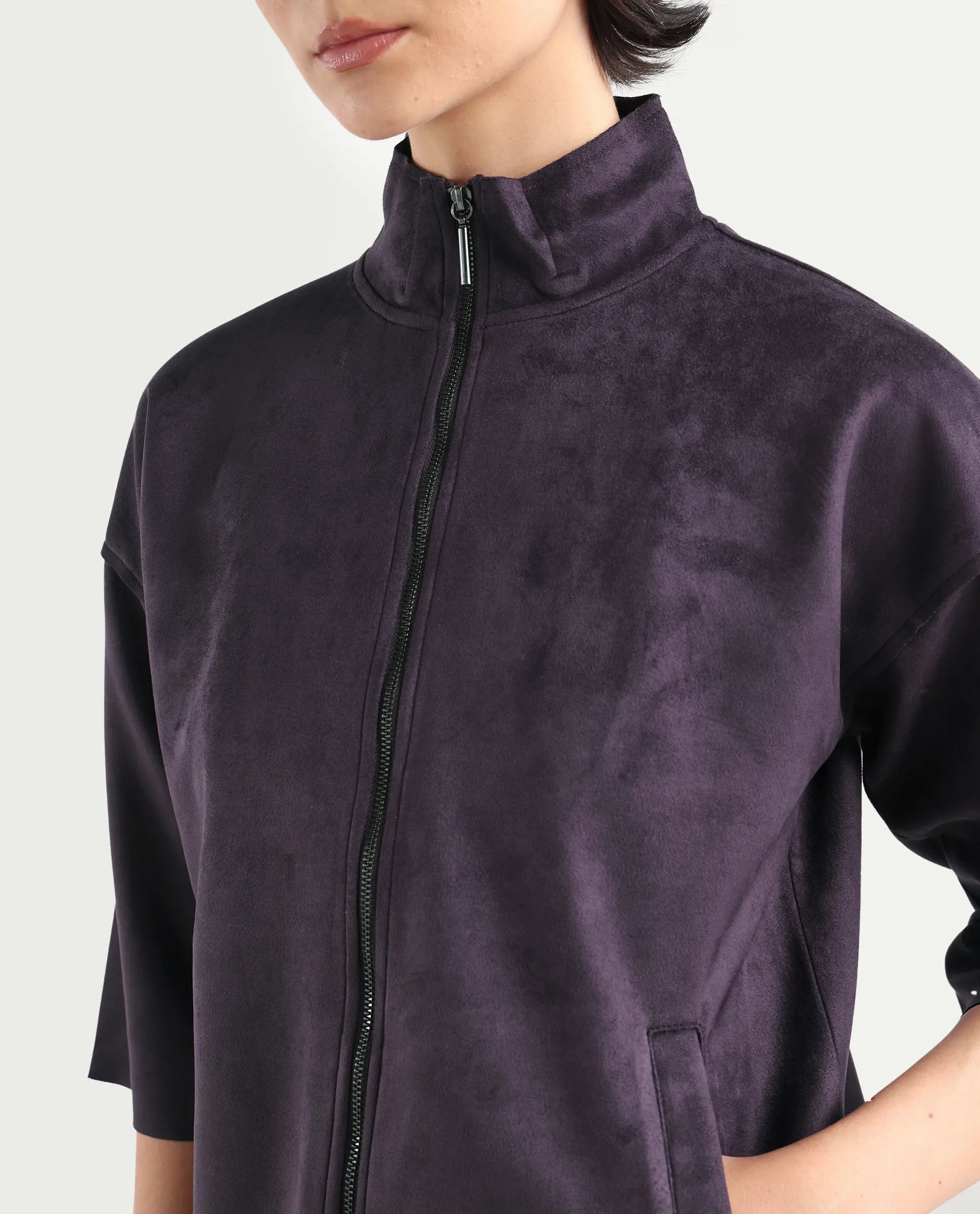 Rareism Women's Vasu-25 Purple Polyester Blend Crew Neck Regular Fit Jacket