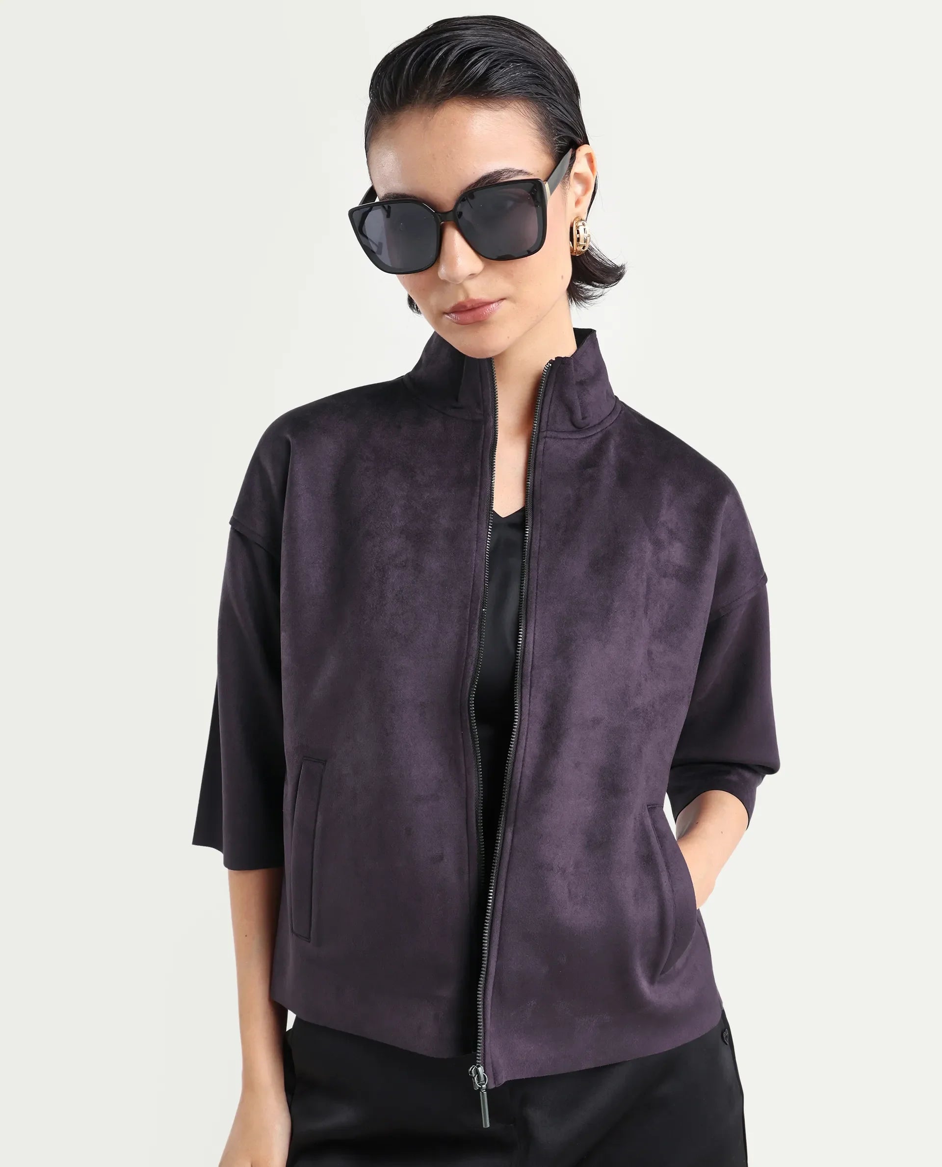 Rareism Women's Vasu-25 Purple Polyester Blend Crew Neck Regular Fit Jacket