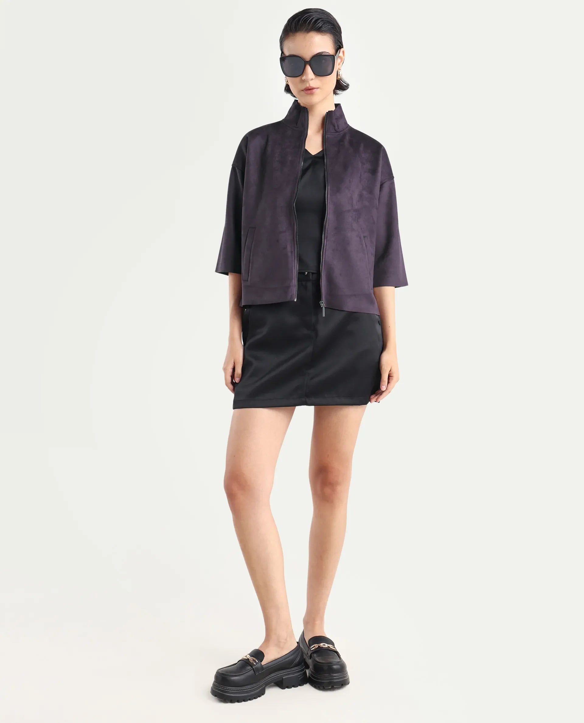 Rareism Women's Vasu-25 Purple Polyester Blend Crew Neck Regular Fit Jacket