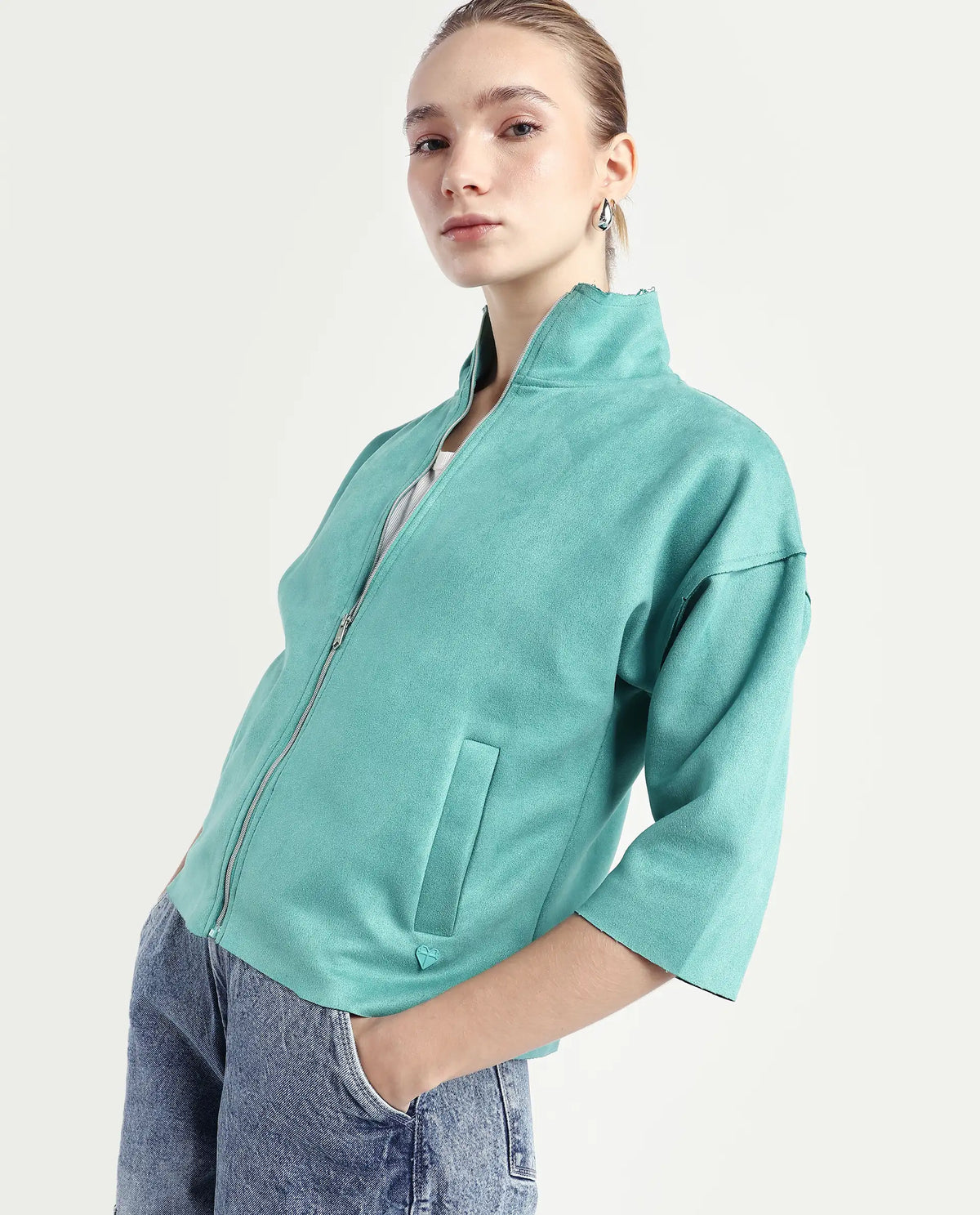 Rareism Women's Vasu 2 Light Blue Polyester Blend Stand Collar Plain Boxy Fit Jacket