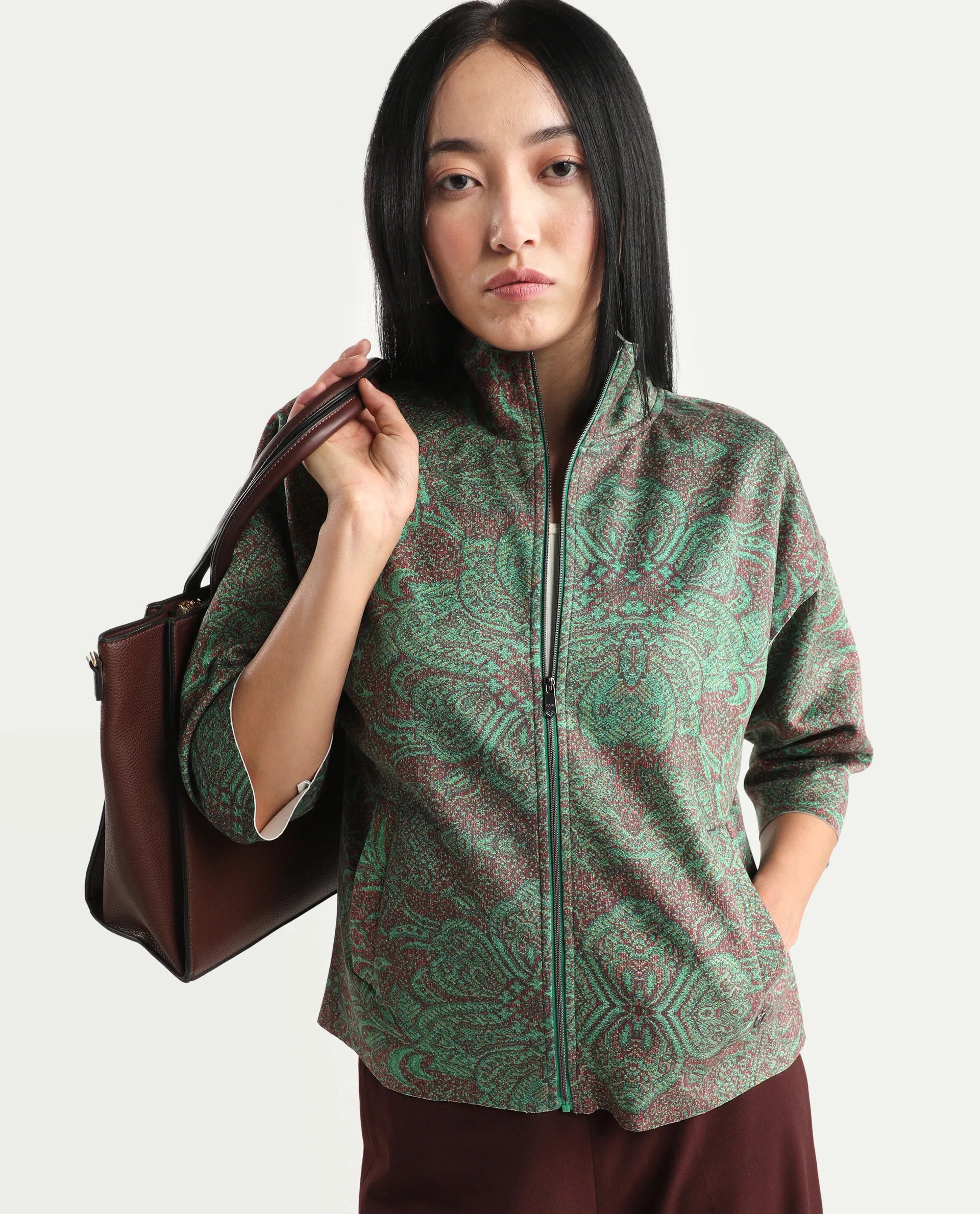 Rareism Women's Vasy Multi Suede Stand Collar Floral Print Boxy Fit Jacket