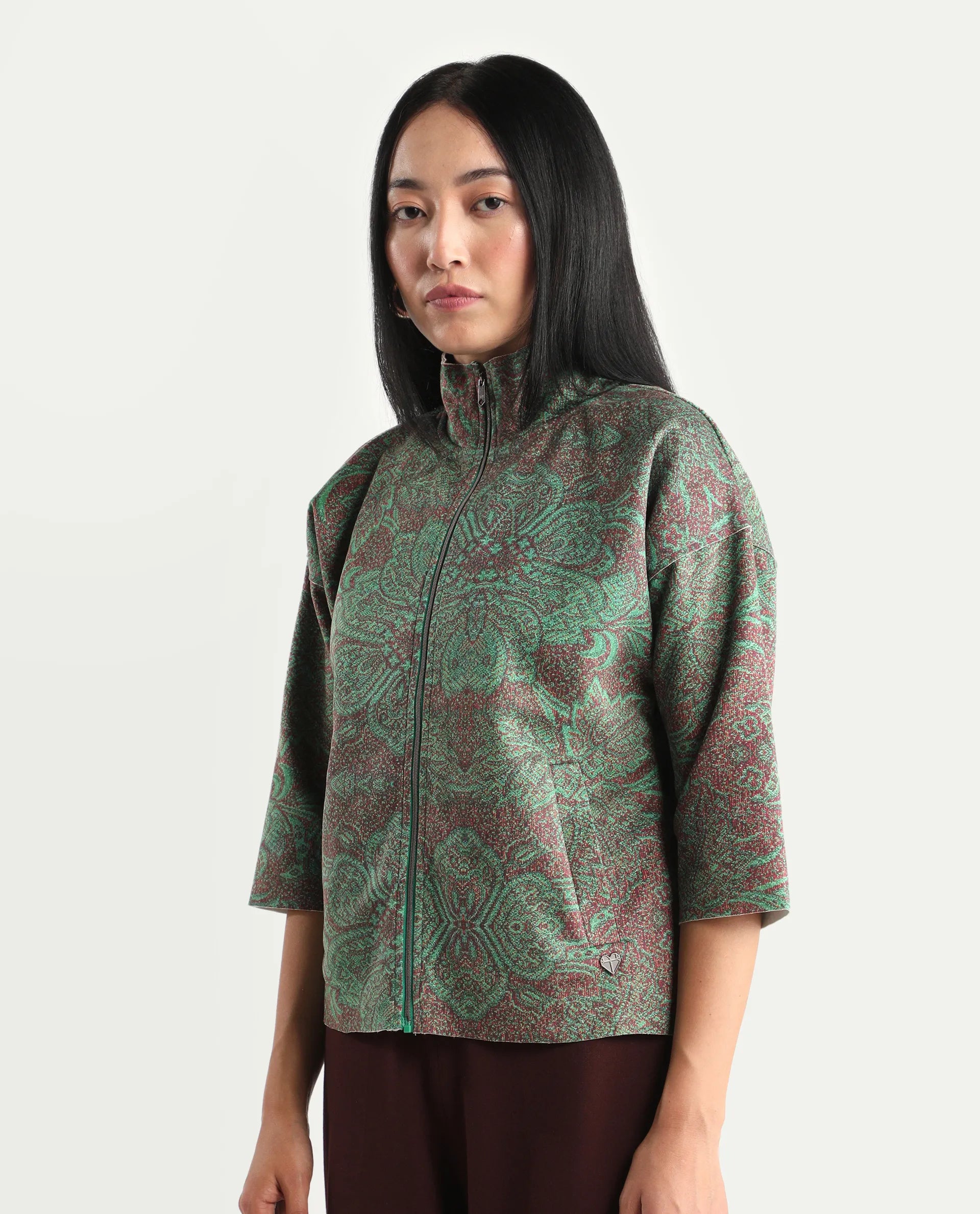 Rareism Women's Vasy Multi Suede Stand Collar Floral Print Boxy Fit Jacket