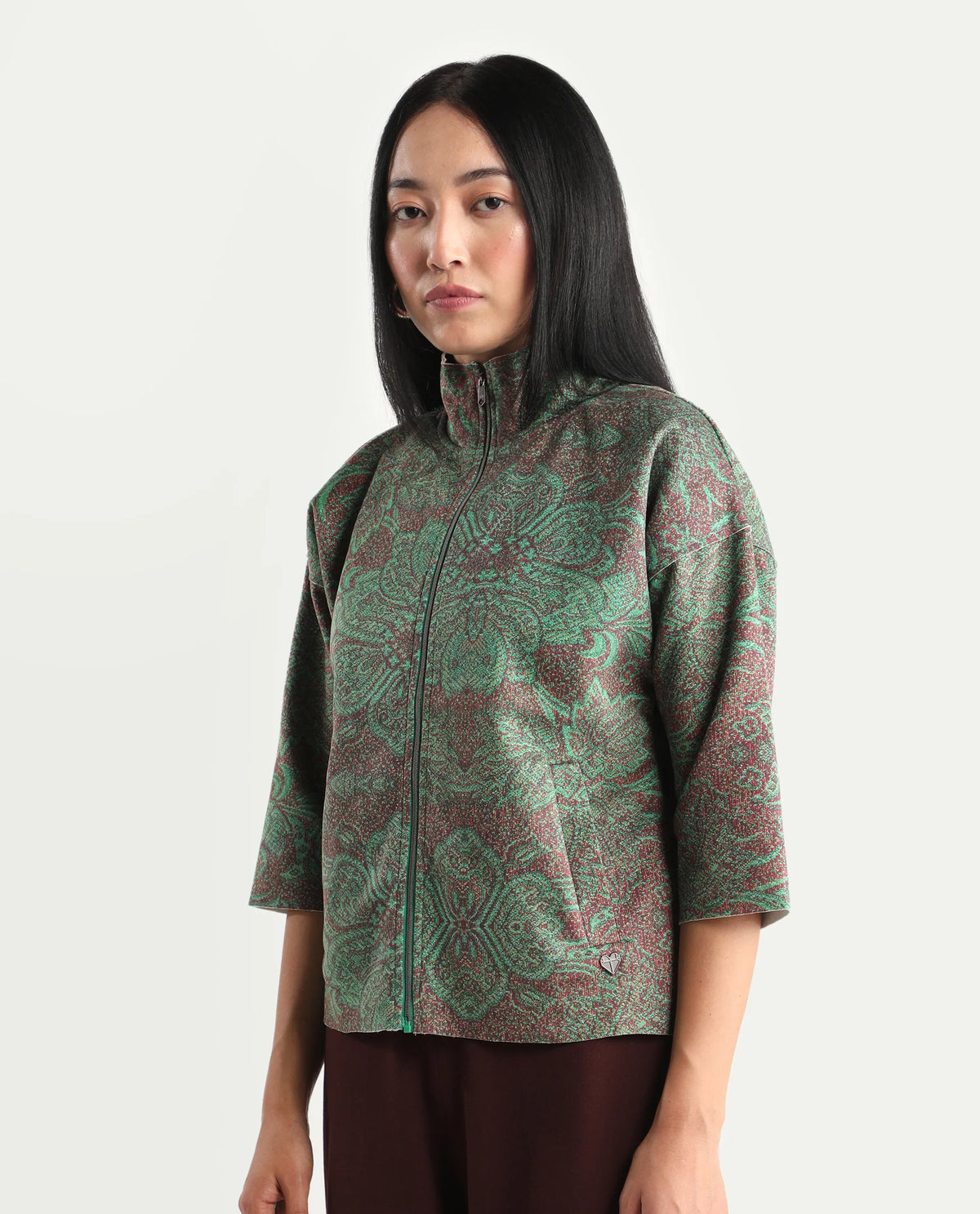 Rareism Women's Vasy Multi Suede Stand Collar Floral Print Boxy Fit Jacket
