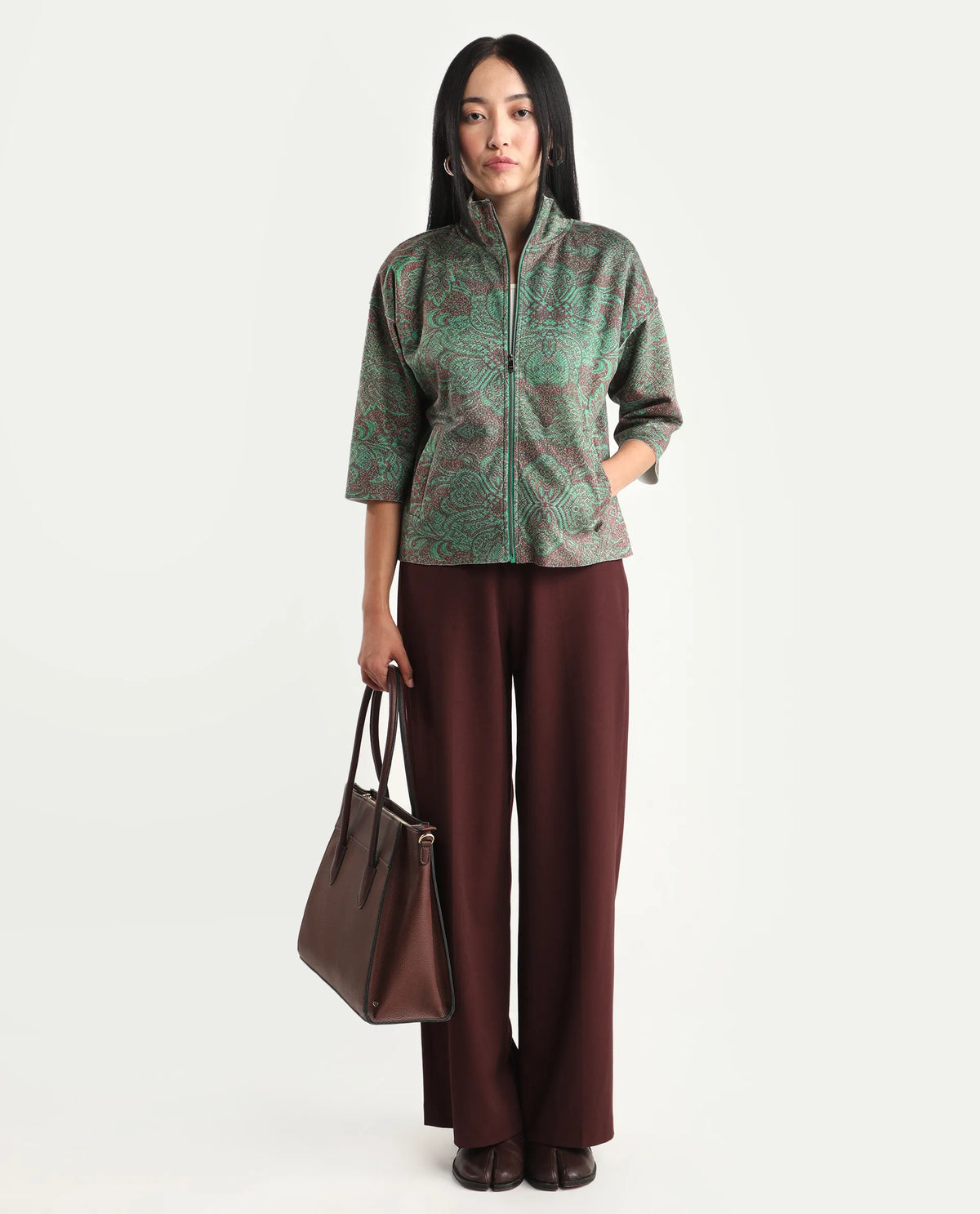 Rareism Women's Vasy Multi Suede Stand Collar Floral Print Boxy Fit Jacket
