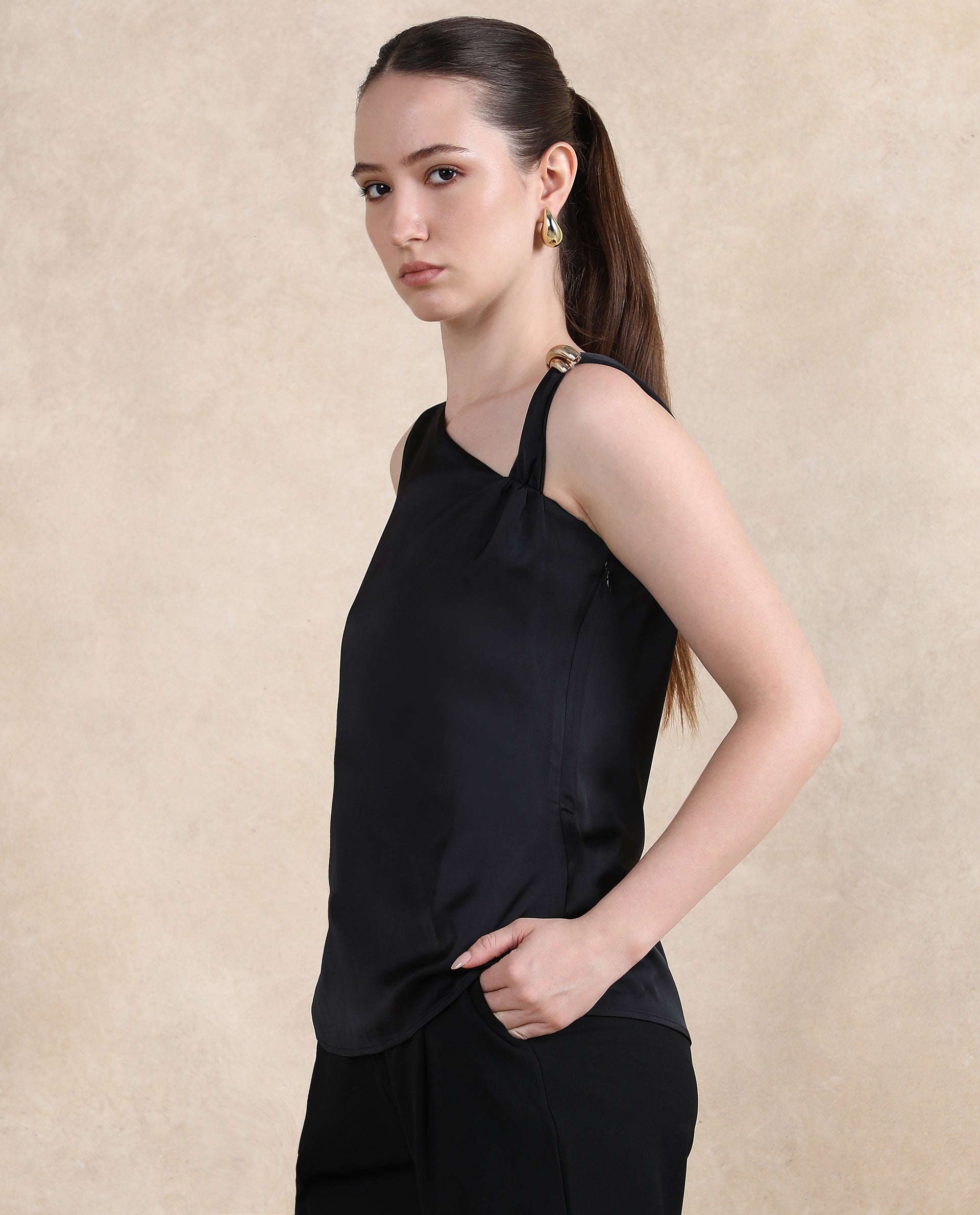 Rareism Women's Vaxter Black Polyester Asymmetric Neck Plain Sleeveless Regular Fit Top