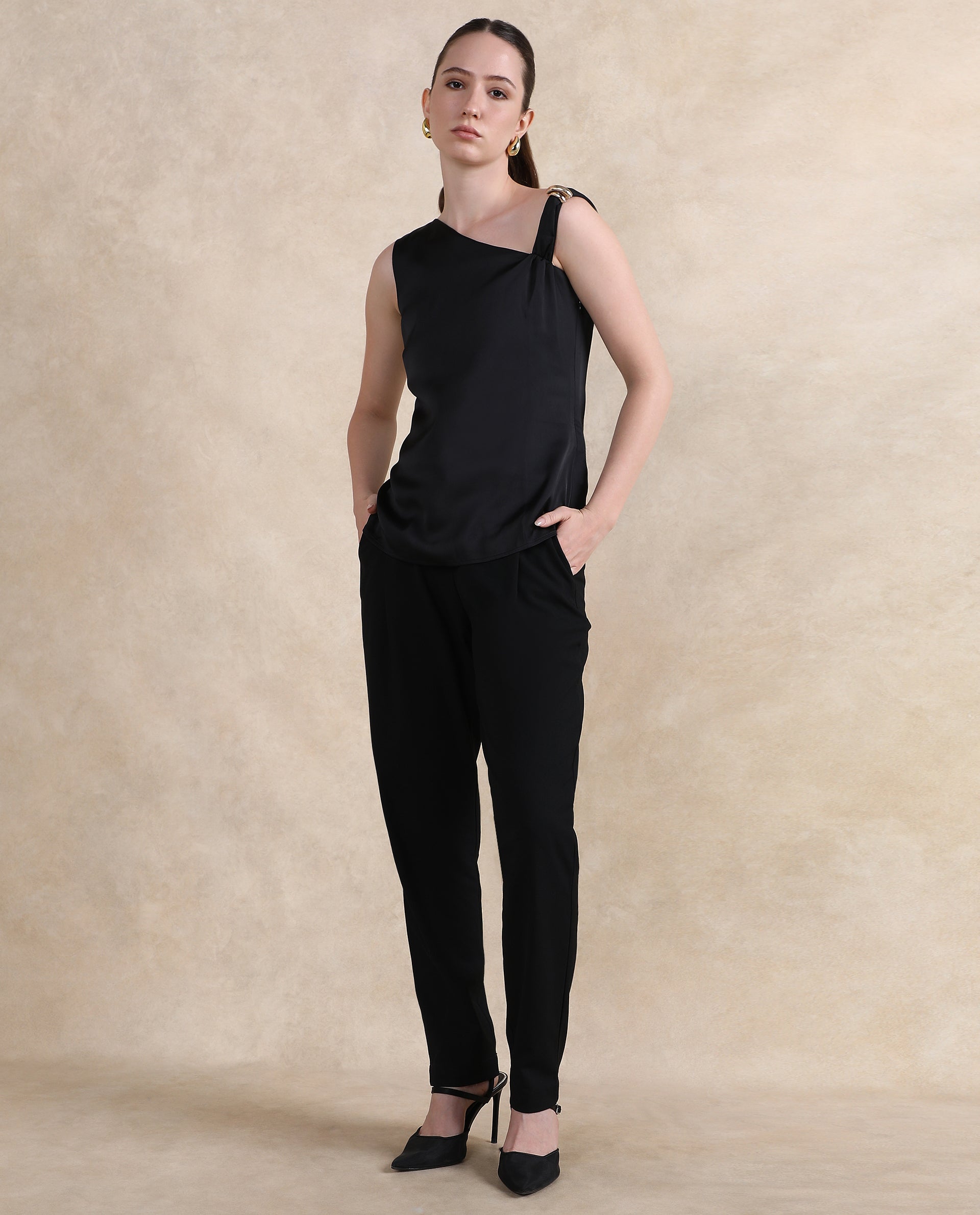 Rareism Women's Vaxter Black Polyester Asymmetric Neck Plain Sleeveless Regular Fit Top