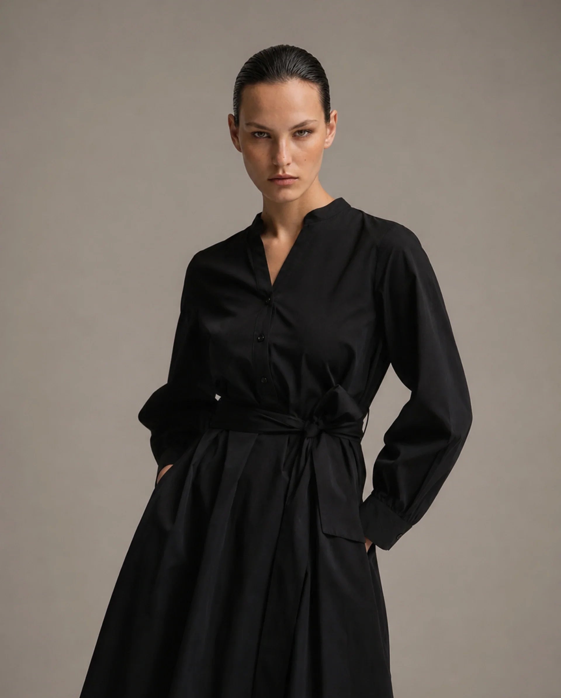 Rareism Women's Vayda Black Cotton Full Sleeve A-Line Plain Dress