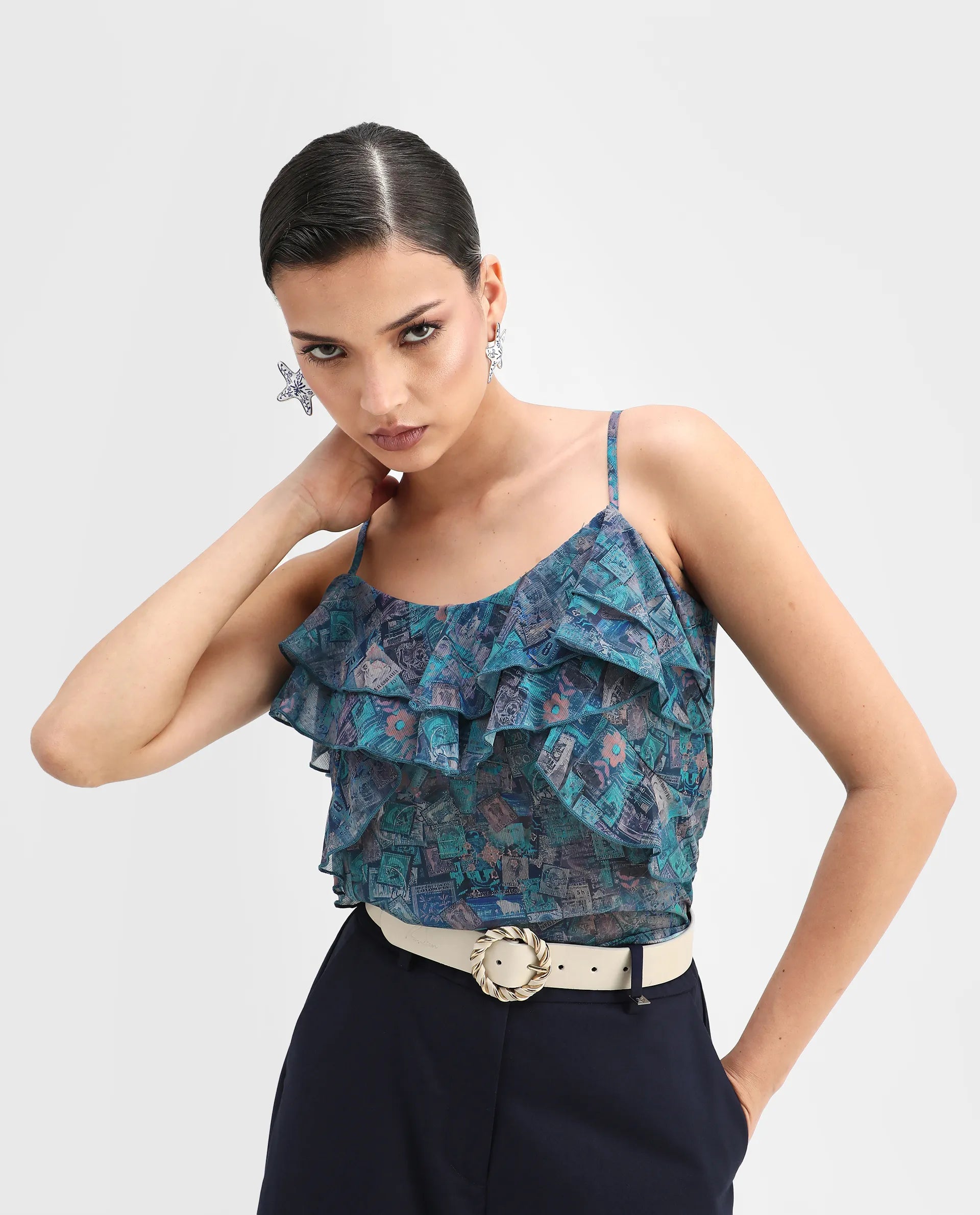 Rareism Women's Vciktg Multi Polyester V-Neck Object Print Sleeveless Regular Fit Top