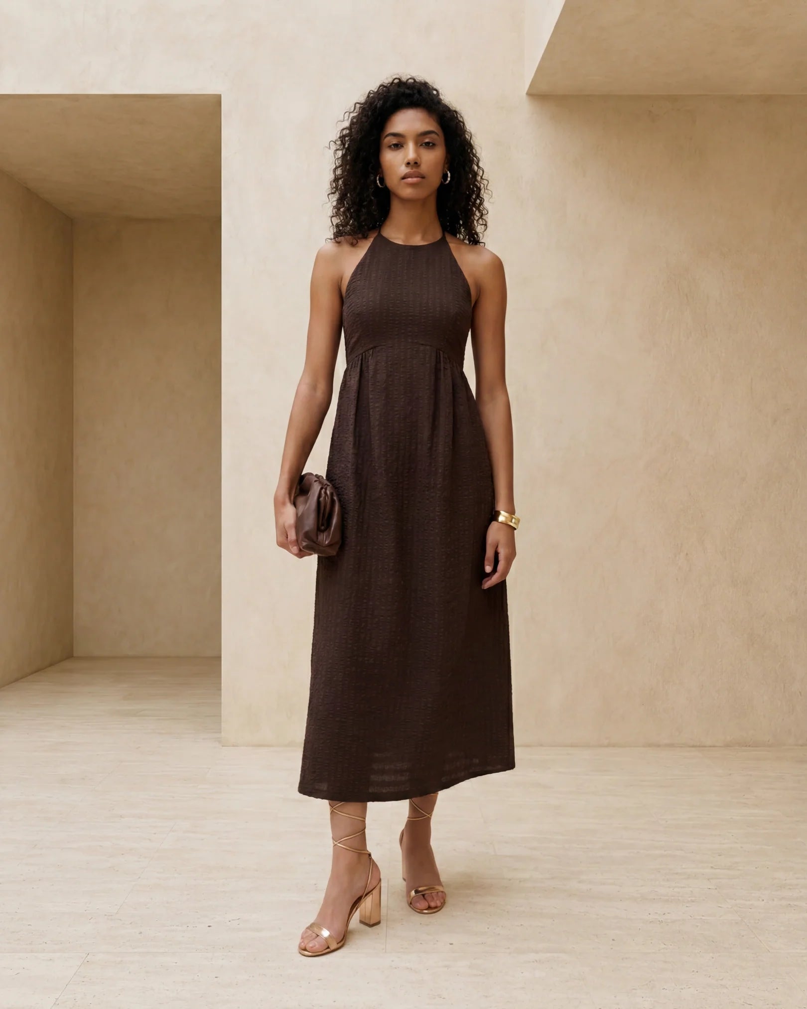 Rareism Women's Veant Brown Polyester Sleeveless Halter Neck Fit And Flare Plain Dress