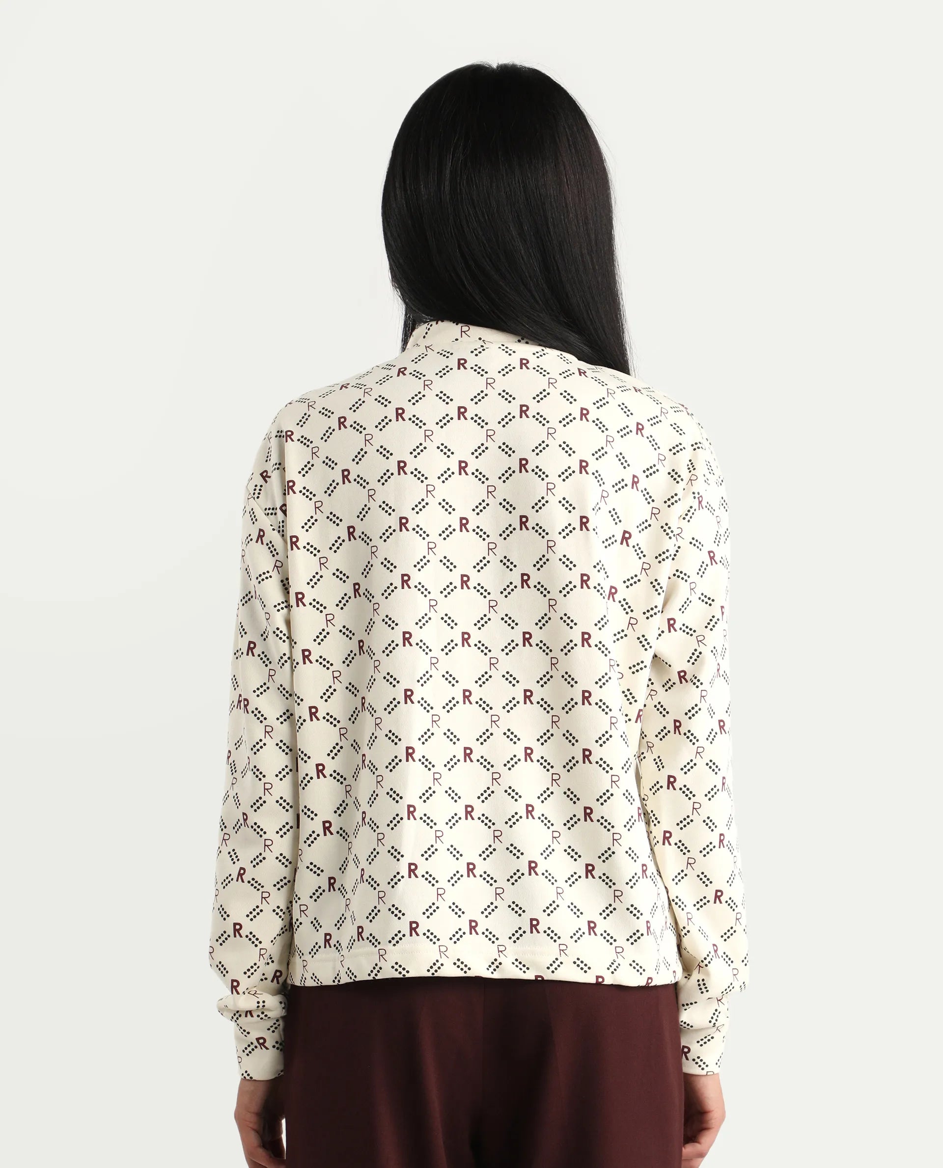 Rareism Women's Vecna Beige Polyester Blend Spread Collar Monogram Print Relaxed Fit Sweatshirt