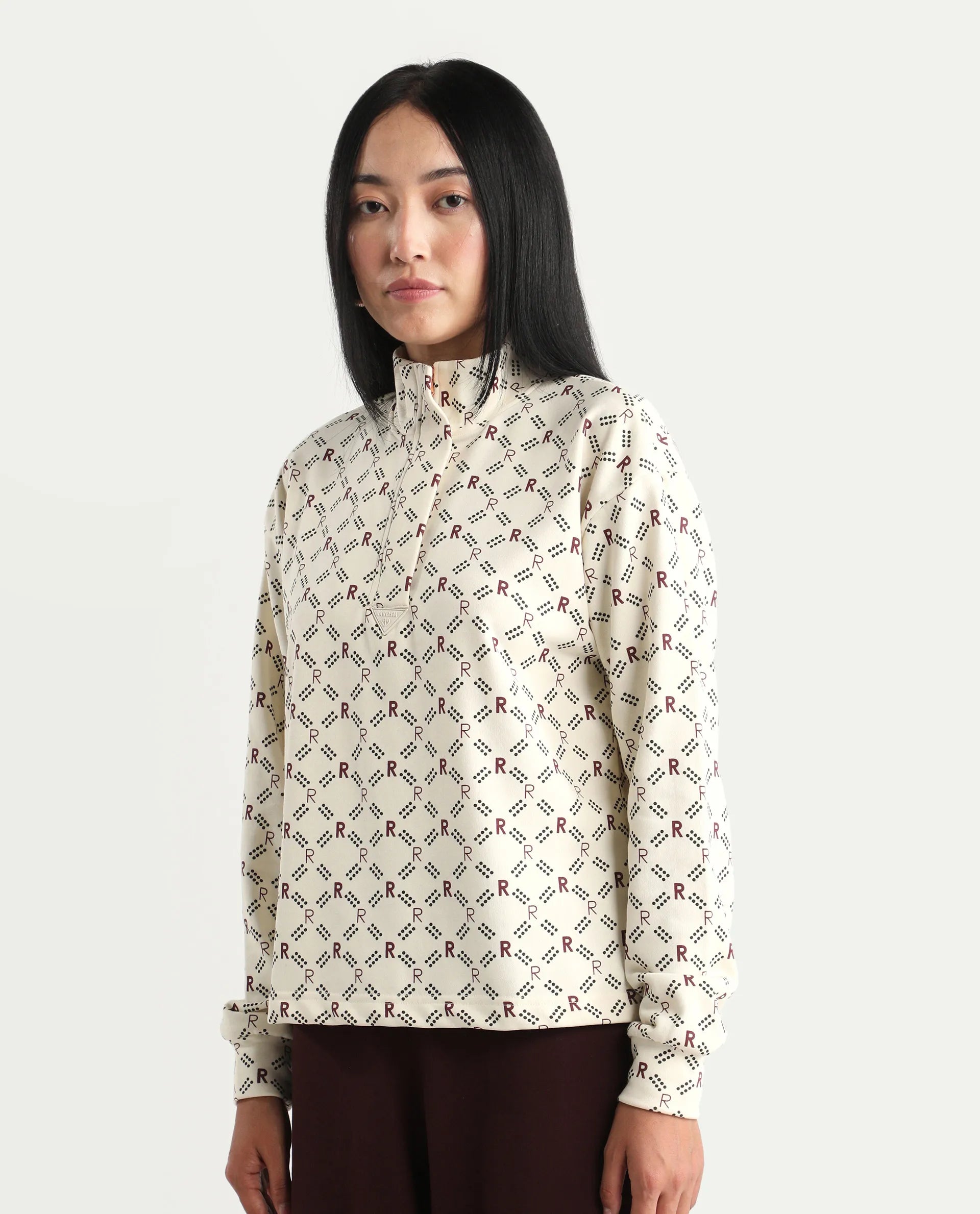 Rareism Women's Vecna Beige Polyester Blend Spread Collar Monogram Print Relaxed Fit Sweatshirt