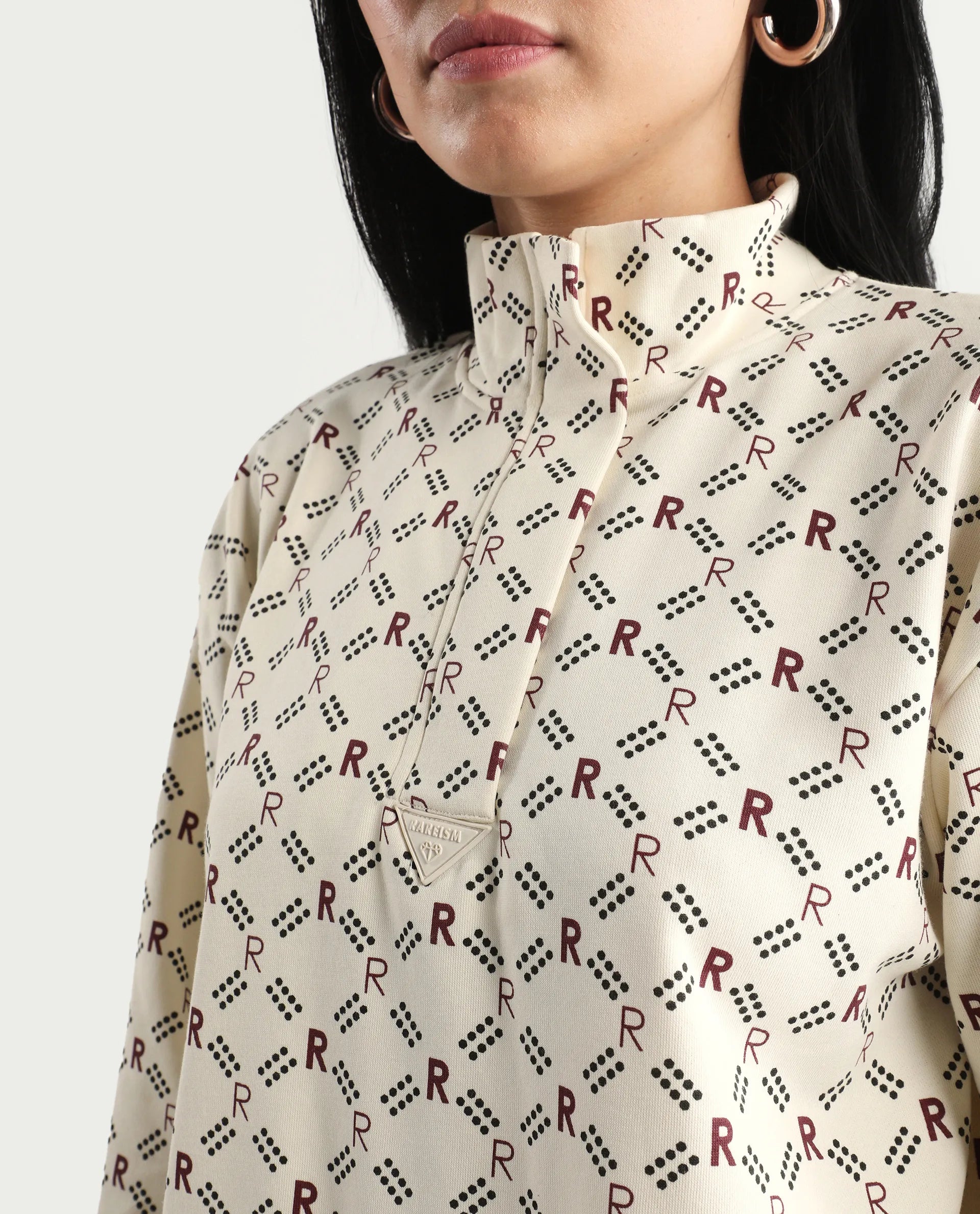 Rareism Women's Vecna Beige Polyester Blend Spread Collar Monogram Print Relaxed Fit Sweatshirt