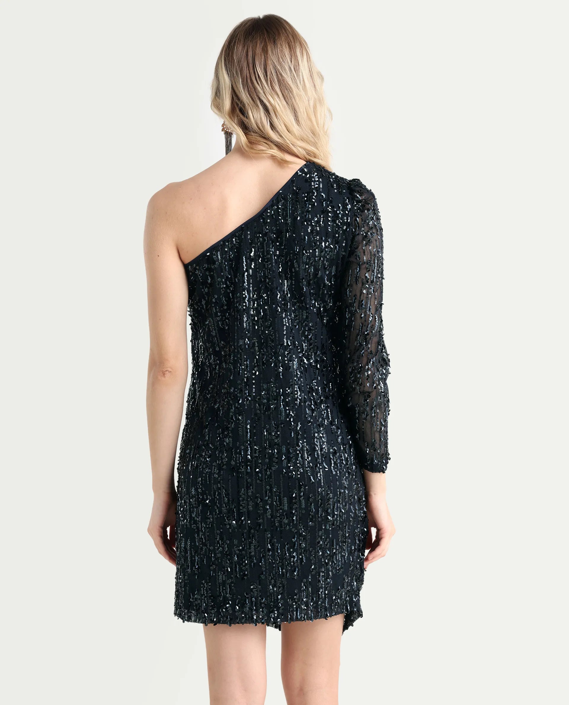 Rareism Women's Vegas Metallic Navy Cotton Blend One Shoulder Sequined One Shoulder Knee Length Bodycon Dress