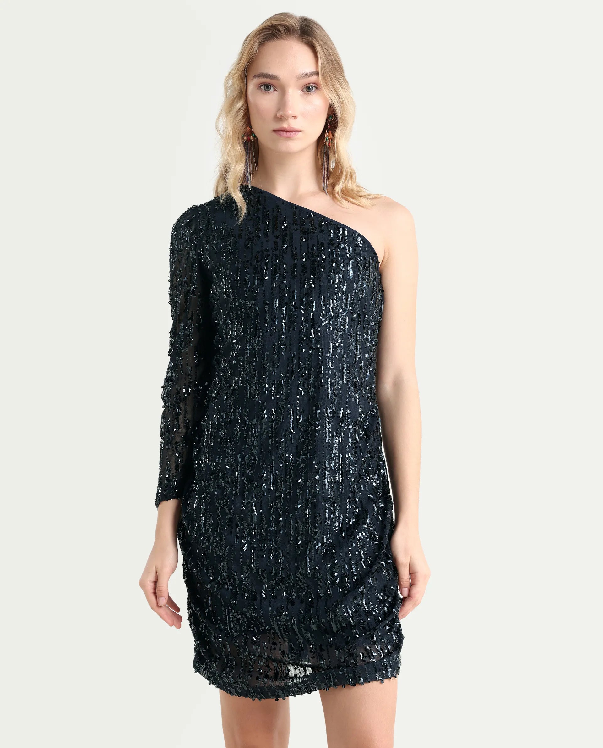 Rareism Women's Vegas Metallic Navy Cotton Blend One Shoulder Sequined One Shoulder Knee Length Bodycon Dress