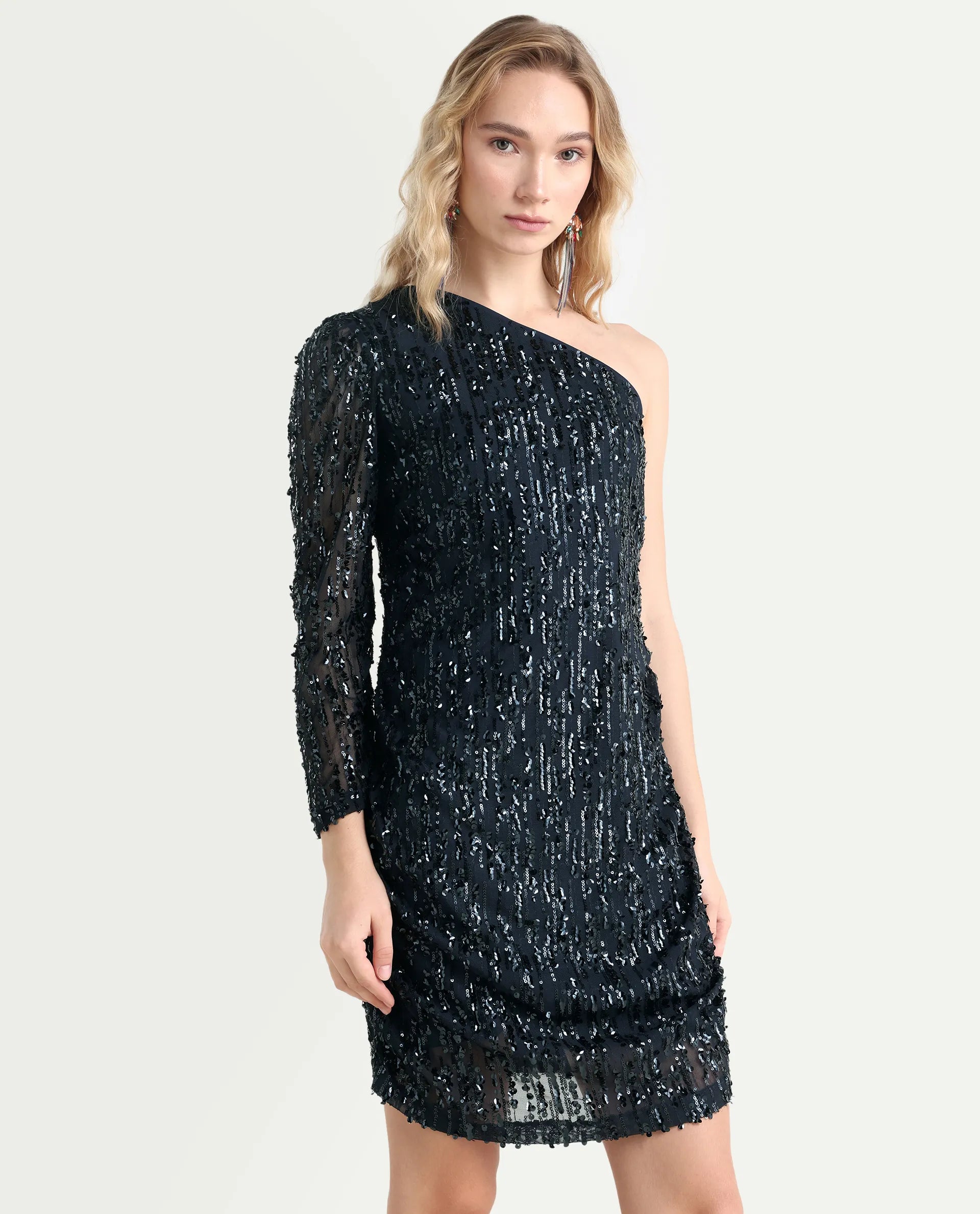 Rareism Women's Vegas Metallic Navy Cotton Blend One Shoulder Sequined One Shoulder Knee Length Bodycon Dress