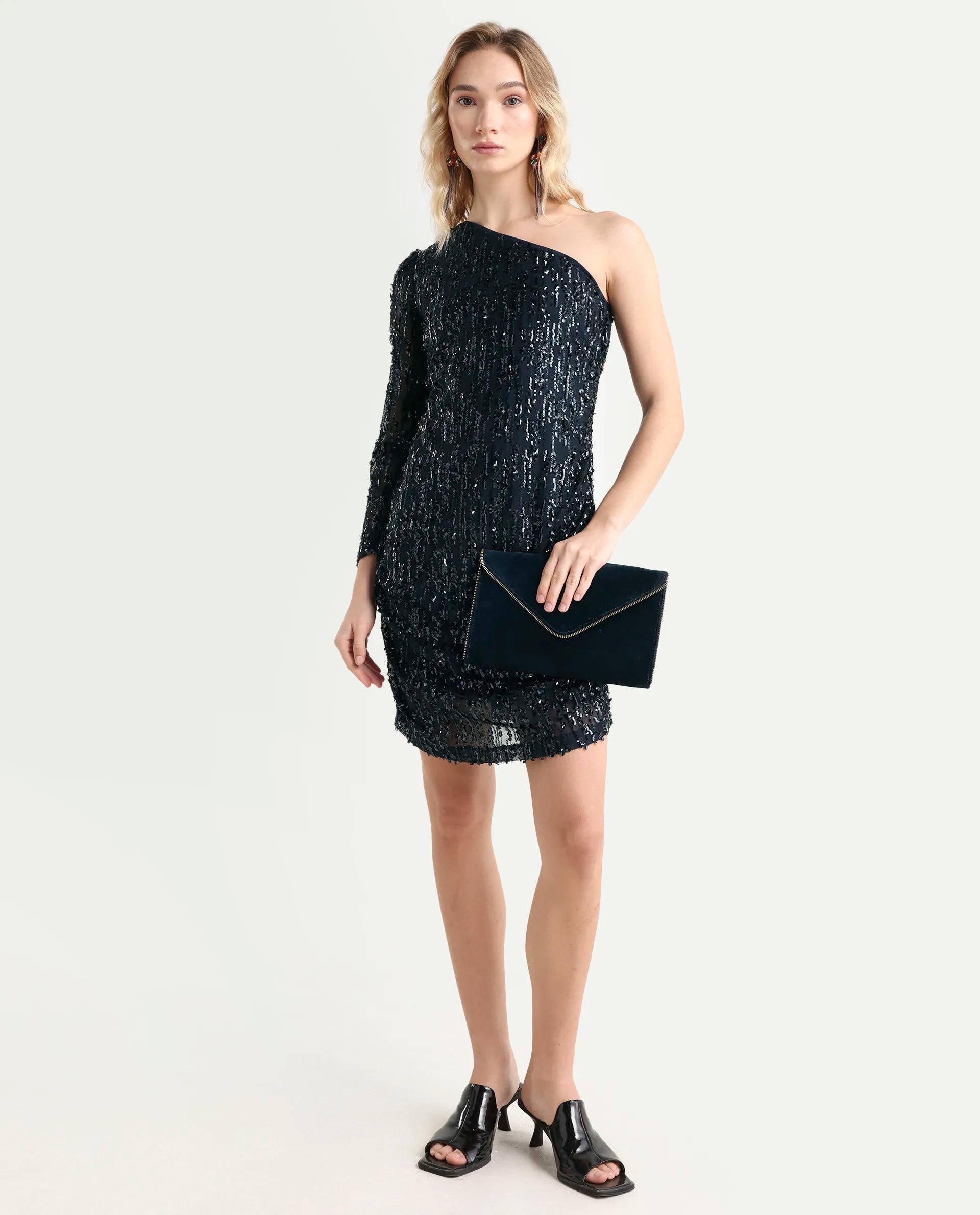 Rareism Women's Vegas Metallic Navy Cotton Blend One Shoulder Sequined One Shoulder Knee Length Bodycon Dress