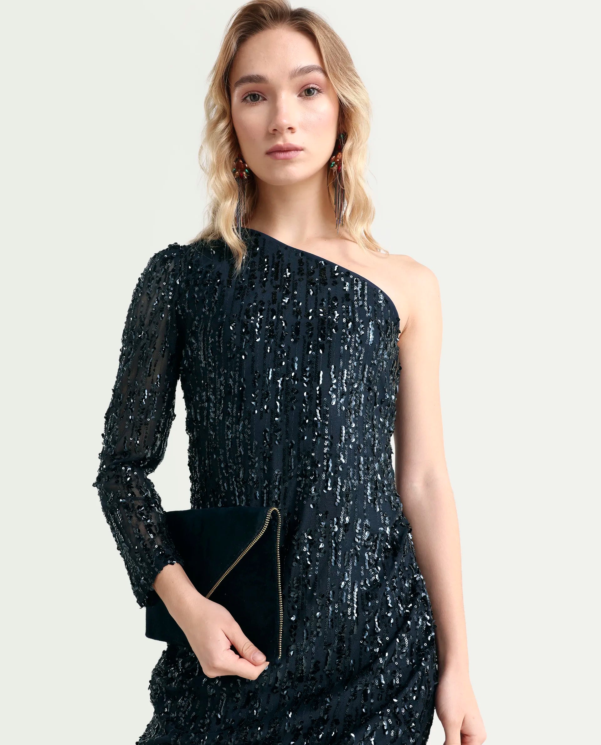 Rareism Women's Vegas Metallic Navy Cotton Blend One Shoulder Sequined One Shoulder Knee Length Bodycon Dress