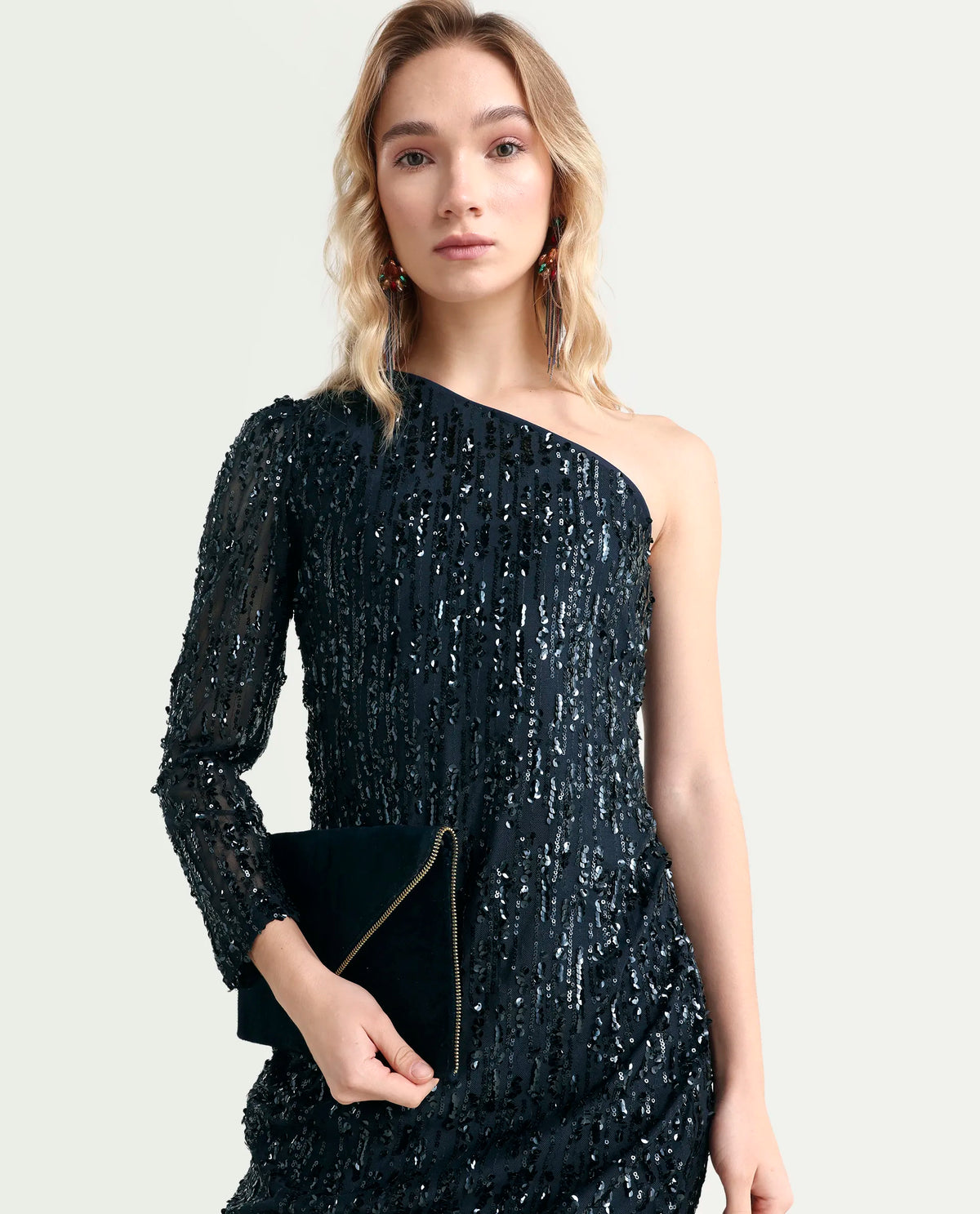 Rareism Women's Vegas Metallic Navy Cotton Blend One Shoulder Sequined One Shoulder Knee Length Bodycon Dress