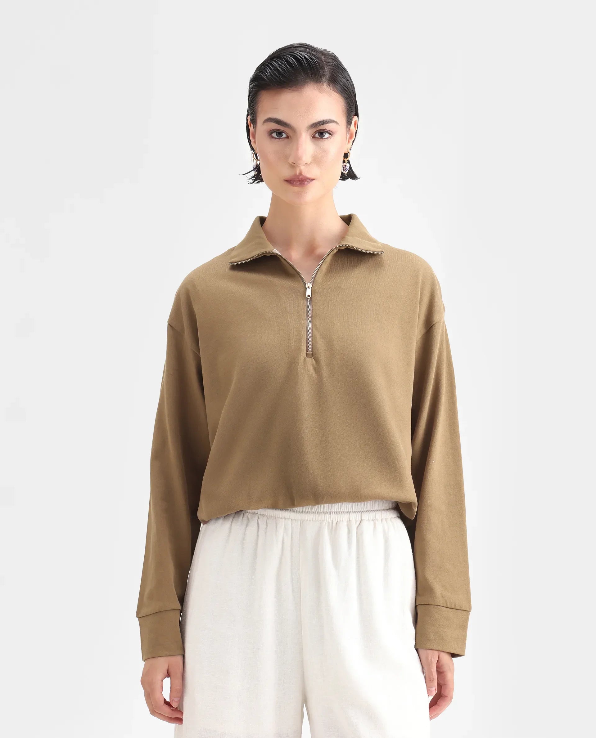 Rareism Women's Velma Dark Beige Nylon Blend High Neck Plain Crop Relaxed Fit Top