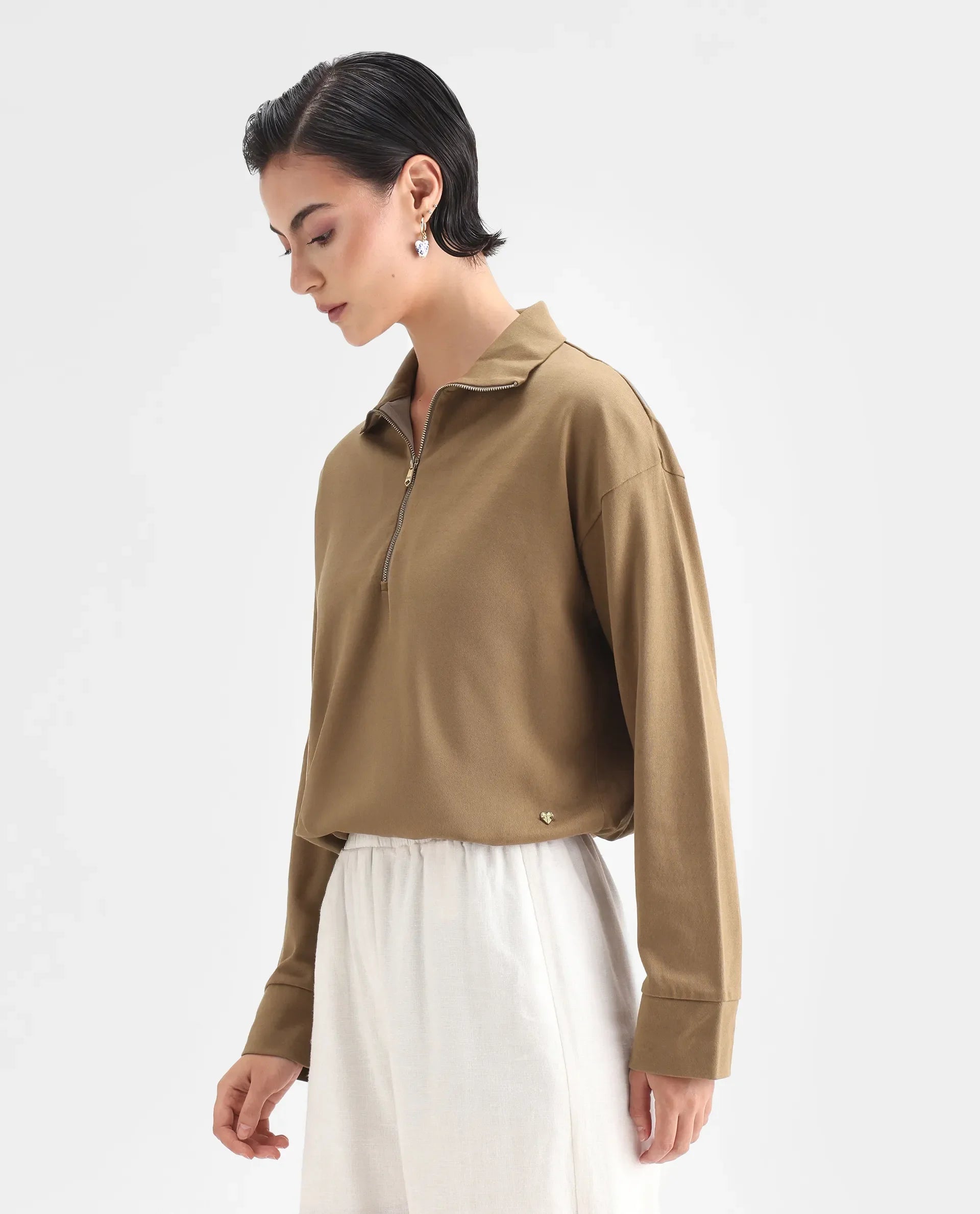 Rareism Women's Velma Dark Beige Nylon Blend High Neck Plain Crop Relaxed Fit Top