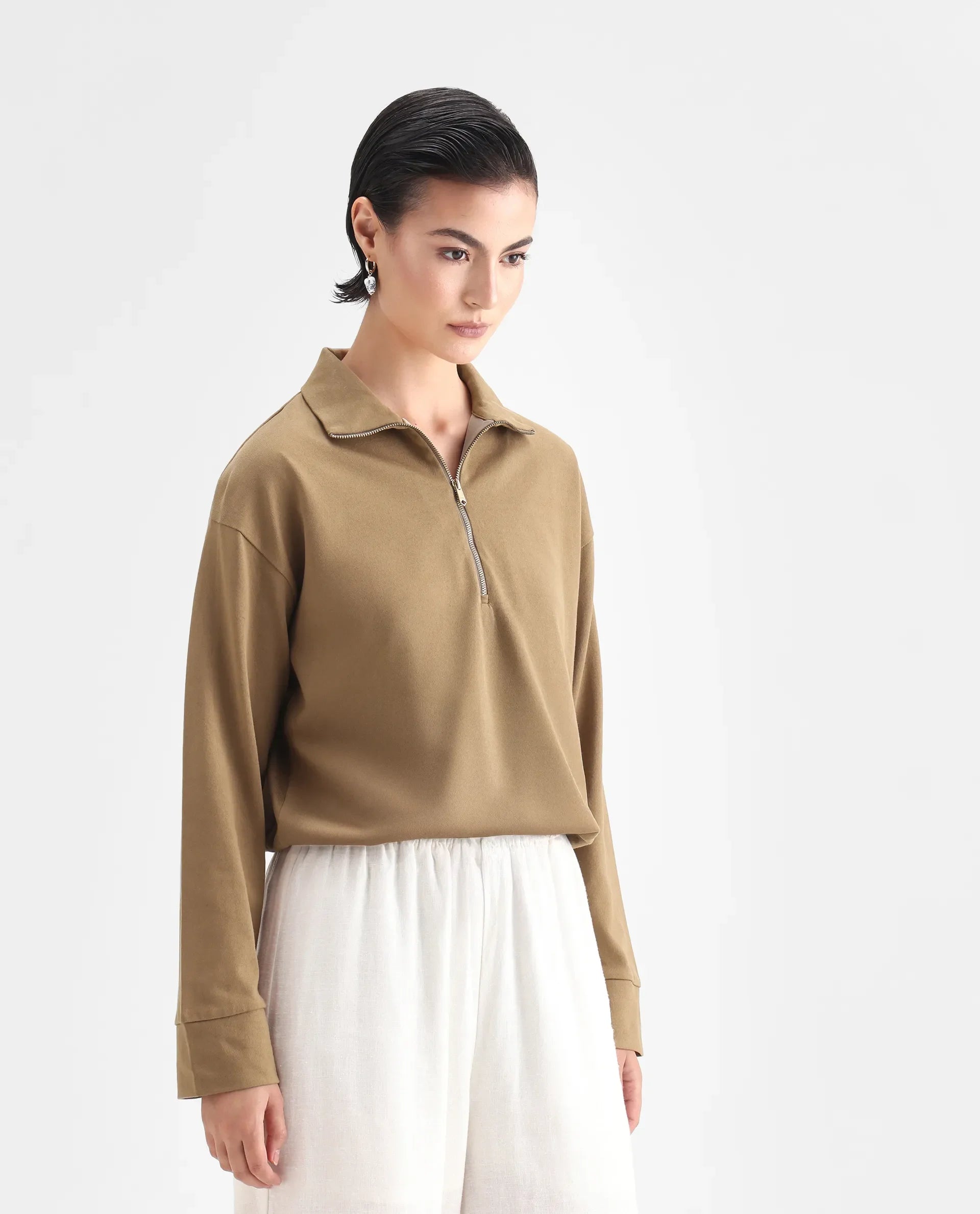 Rareism Women's Velma Dark Beige Nylon Blend High Neck Plain Crop Relaxed Fit Top