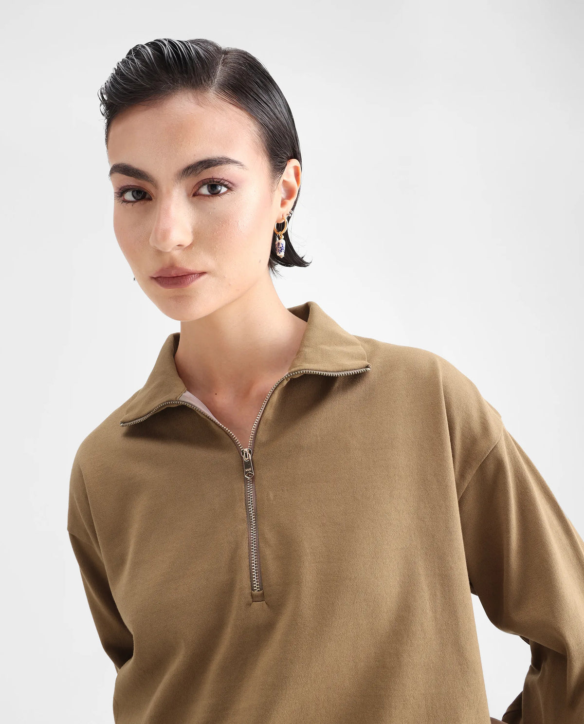 Rareism Women's Velma Dark Beige Nylon Blend High Neck Plain Crop Relaxed Fit Top