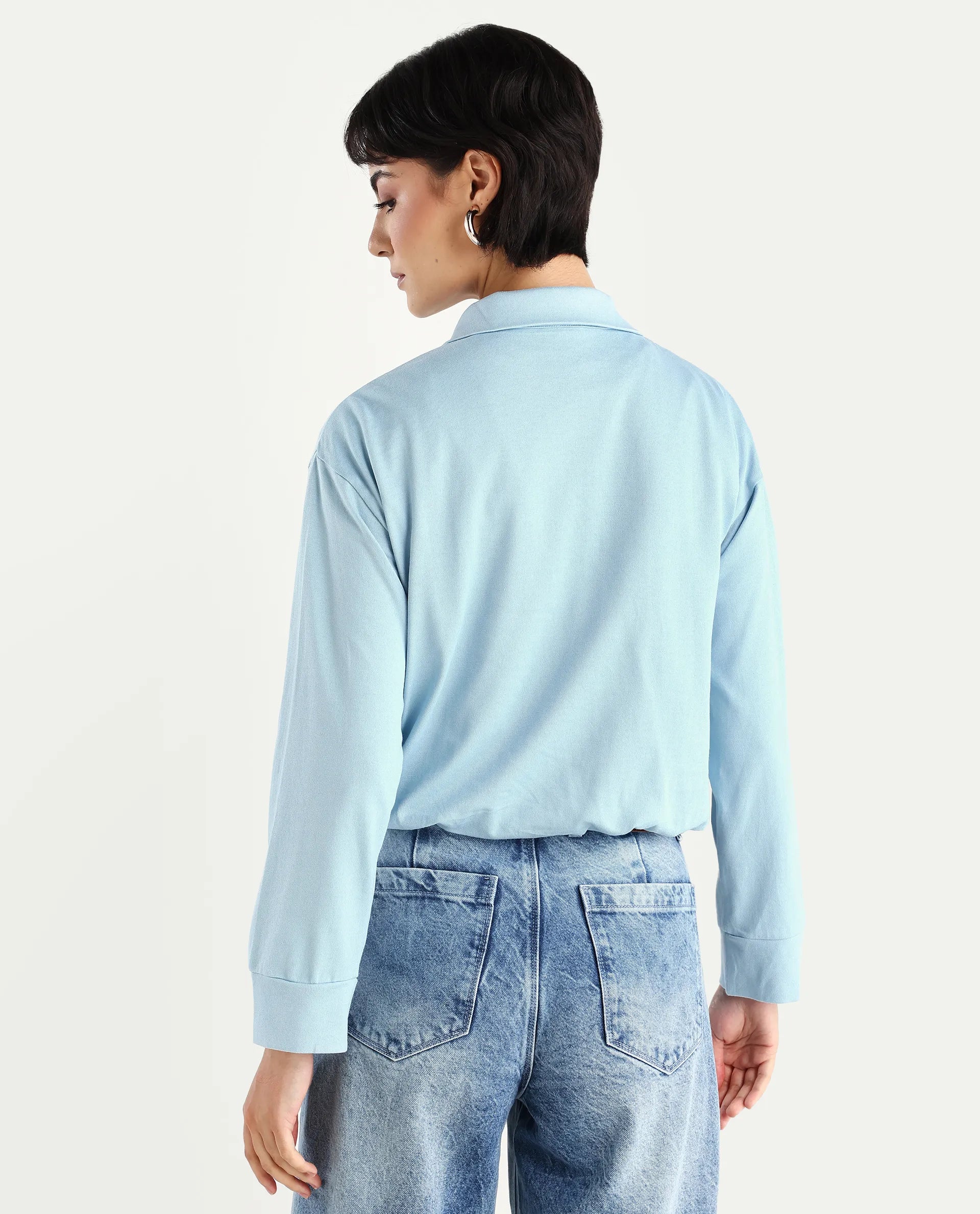 Rareism Women's Velma Light Blue Nylon Blend Drop Collar Plain Crop Relaxed Fit Top