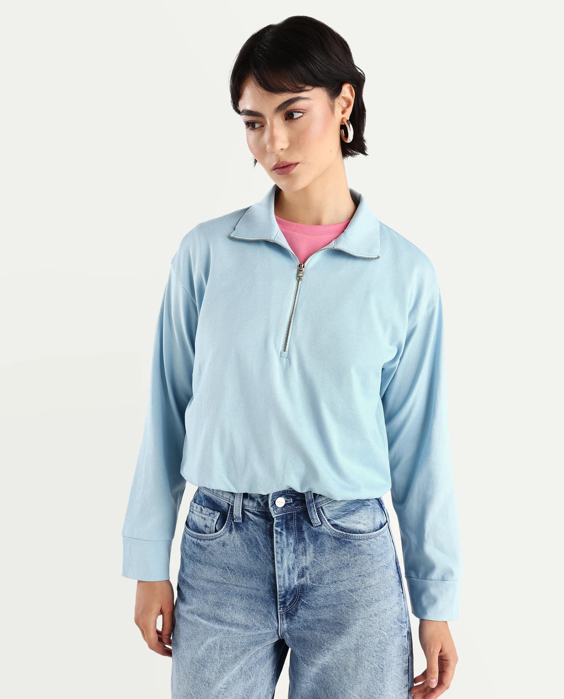 Rareism Women's Velma Light Blue Nylon Blend Drop Collar Plain Crop Relaxed Fit Top