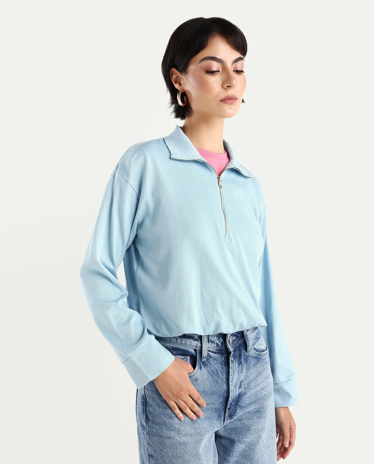 Rareism Women's Velma Light Blue Nylon Blend Drop Collar Plain Crop Relaxed Fit Top