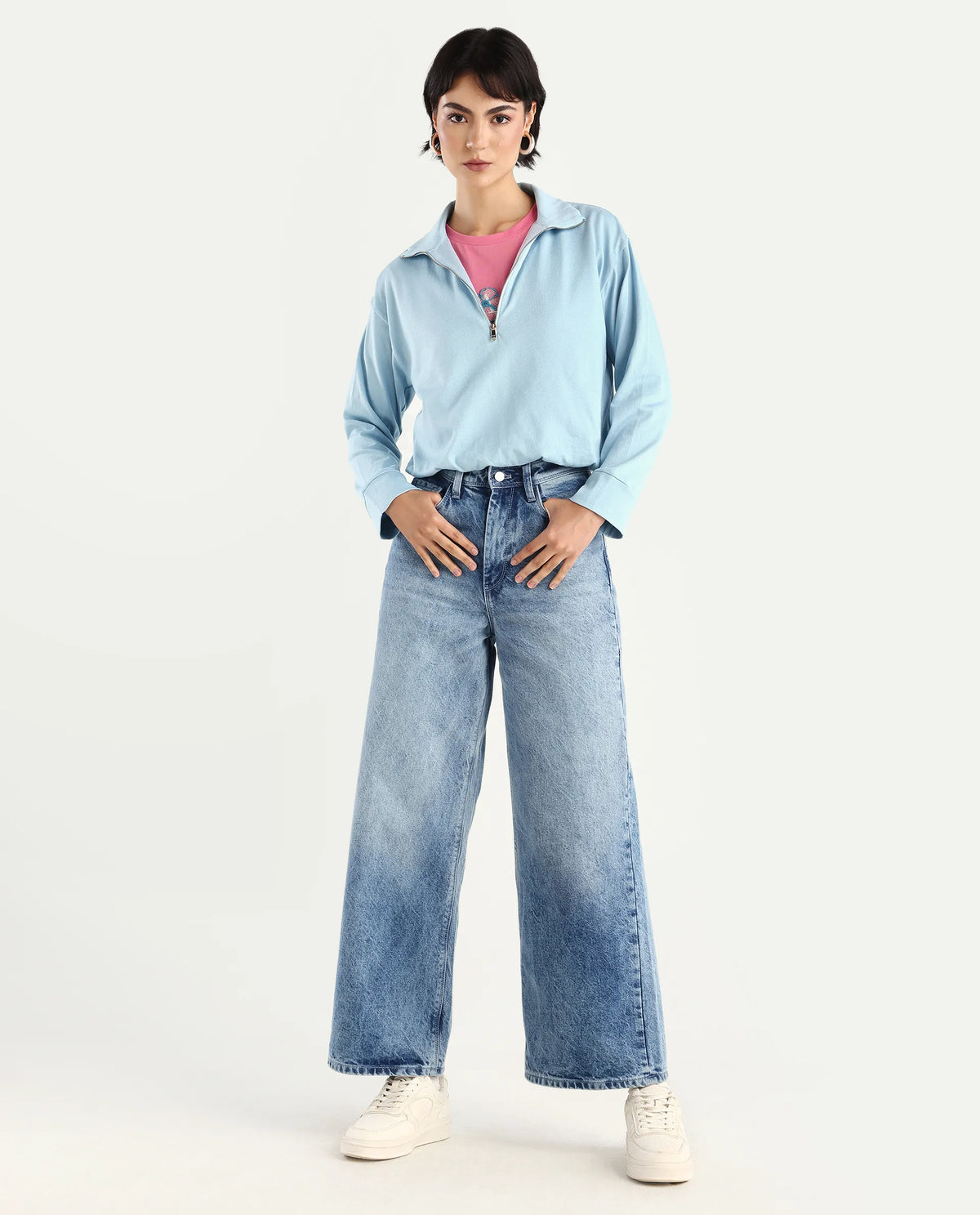Rareism Women's Velma Light Blue Nylon Blend Drop Collar Plain Crop Relaxed Fit Top