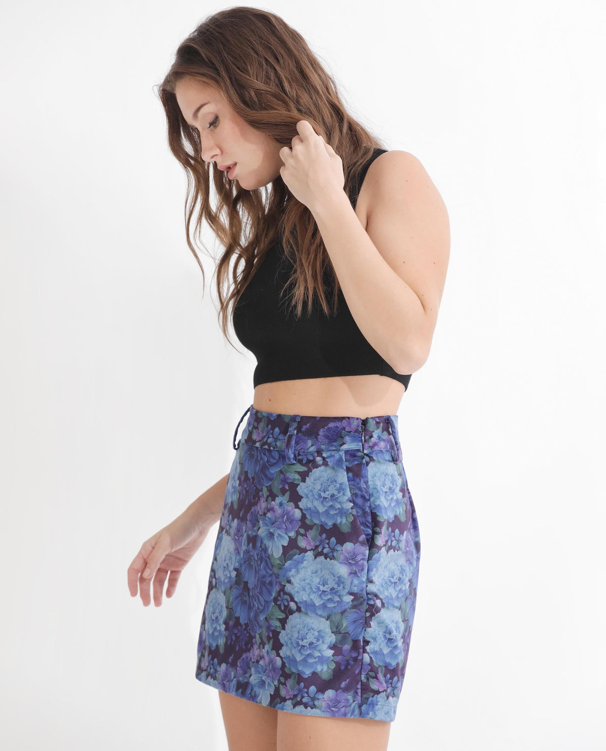 Rareism Women Velsko Black Velvet Fabric Zip Closure Slim Fit Floral Print Mini Skirt