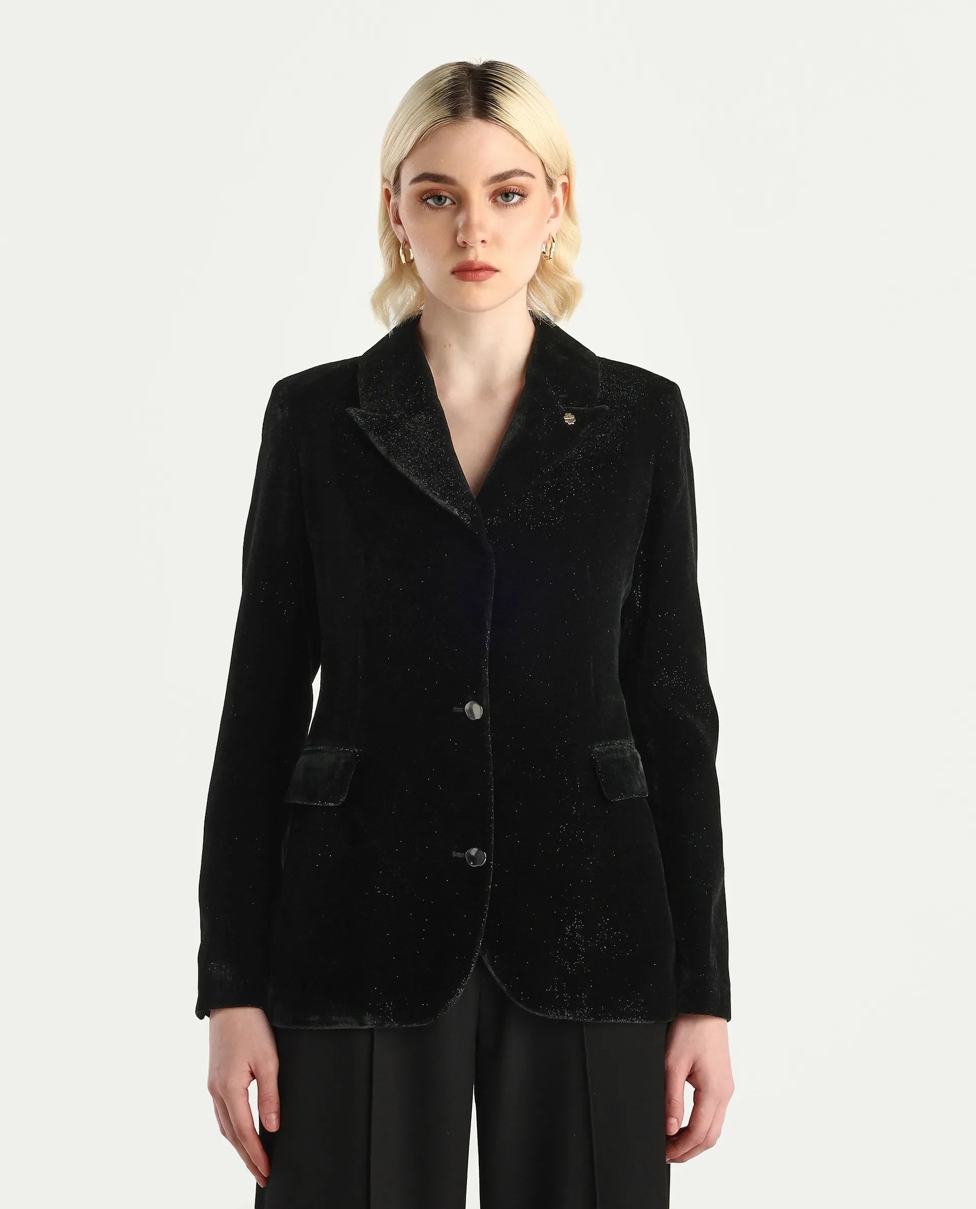 Rareism Women's Velux Black Polyester Lapel Neck Regular Fit Plain Blazer