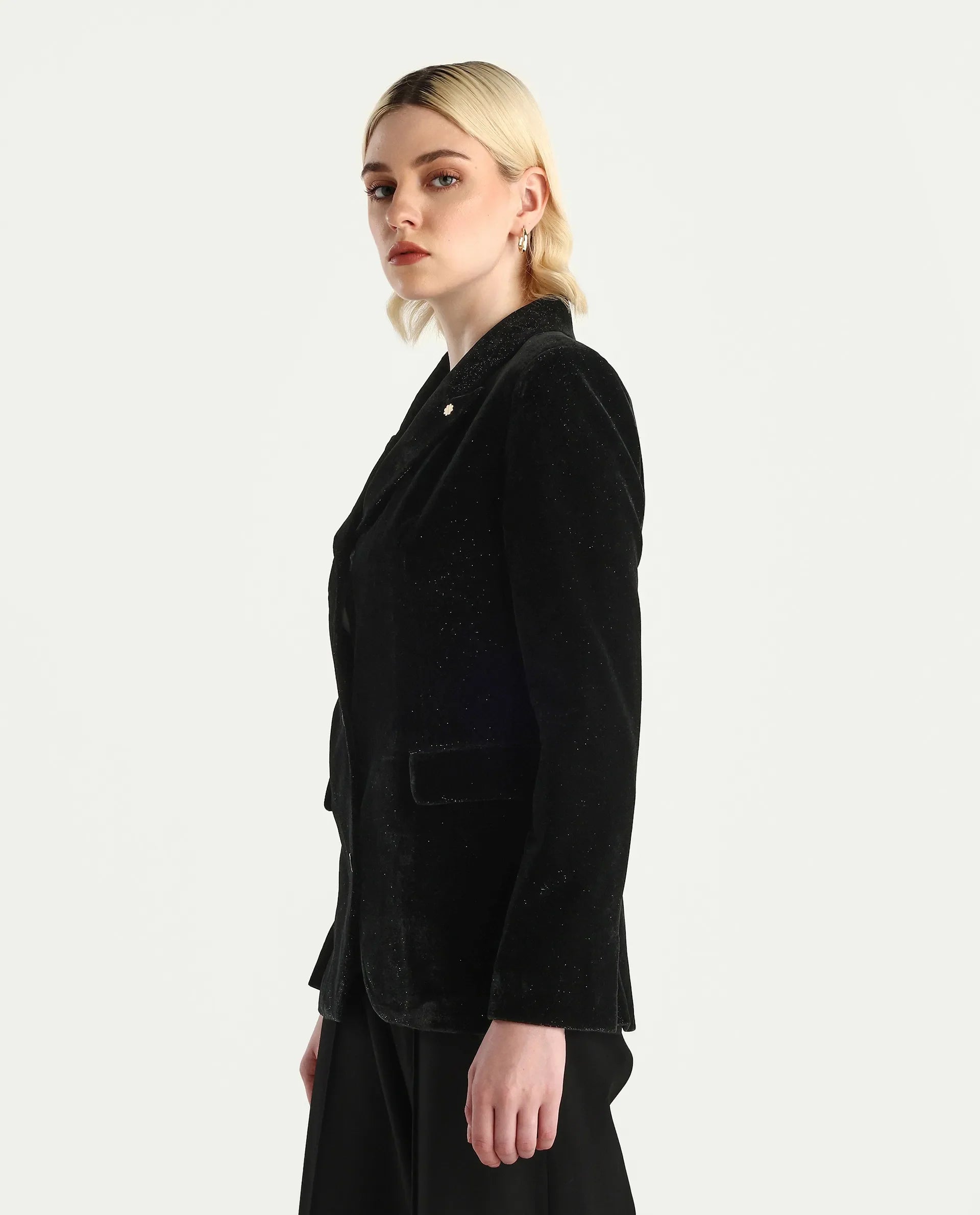 Rareism Women's Velux Black Polyester Lapel Neck Regular Fit Plain Blazer