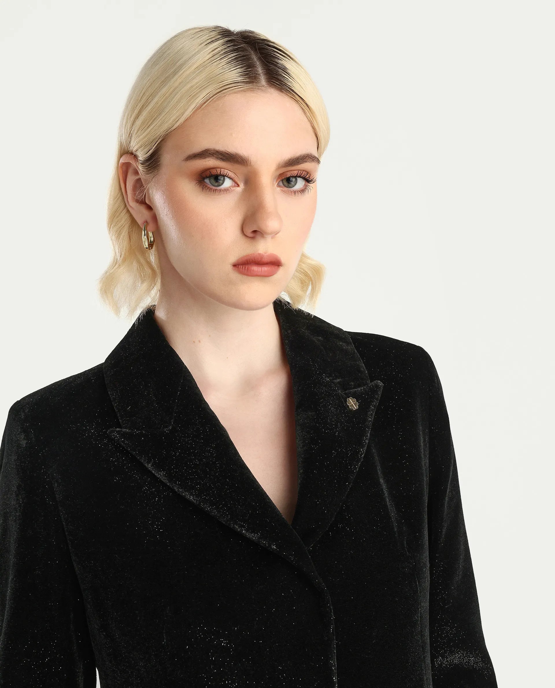 Rareism Women's Velux Black Polyester Lapel Neck Regular Fit Plain Blazer