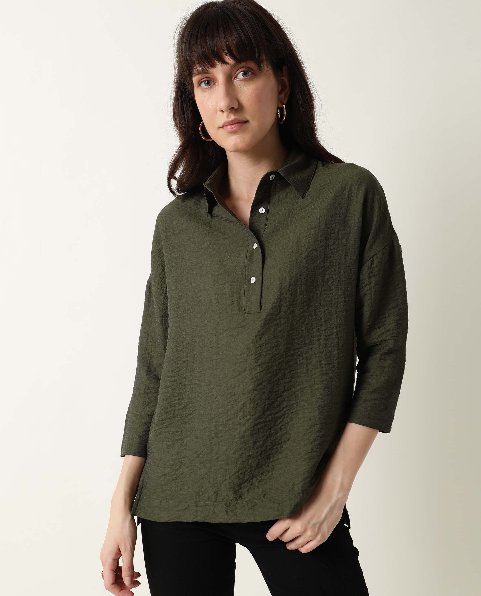 Rareism Women Velyn Dark Green Polyester Fabric Relaxed Fit Collared Neck Full Sleeves Textured Top