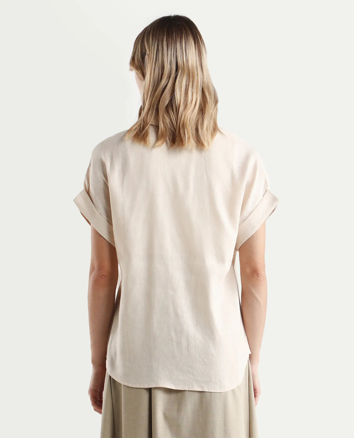 Rareism Women's Venezuela Beige Cotton Linen Drop Collar Plain Extended Sleeves Relaxed Fit Shirt