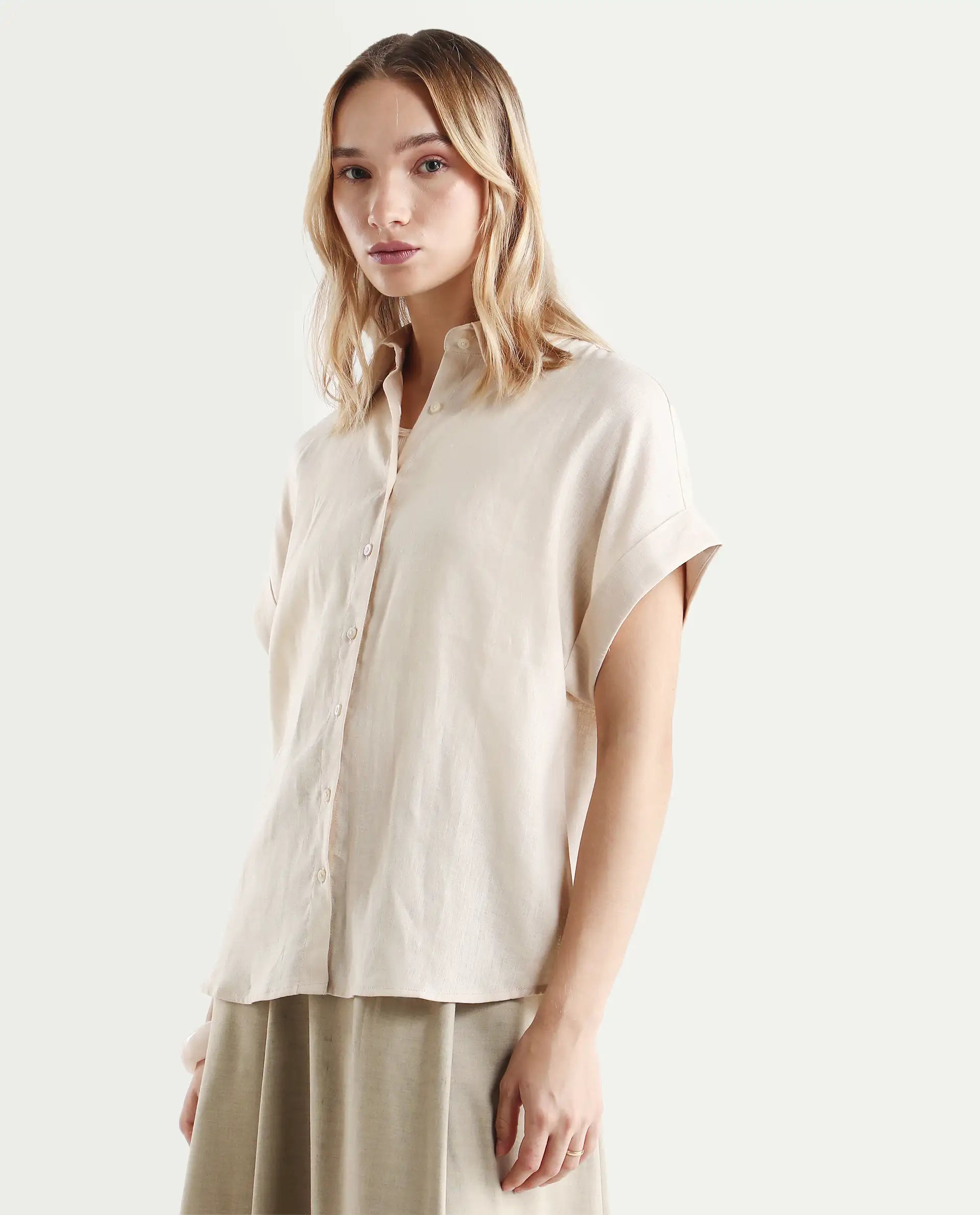 Rareism Women's Venezuela Beige Cotton Linen Drop Collar Plain Extended Sleeves Relaxed Fit Shirt