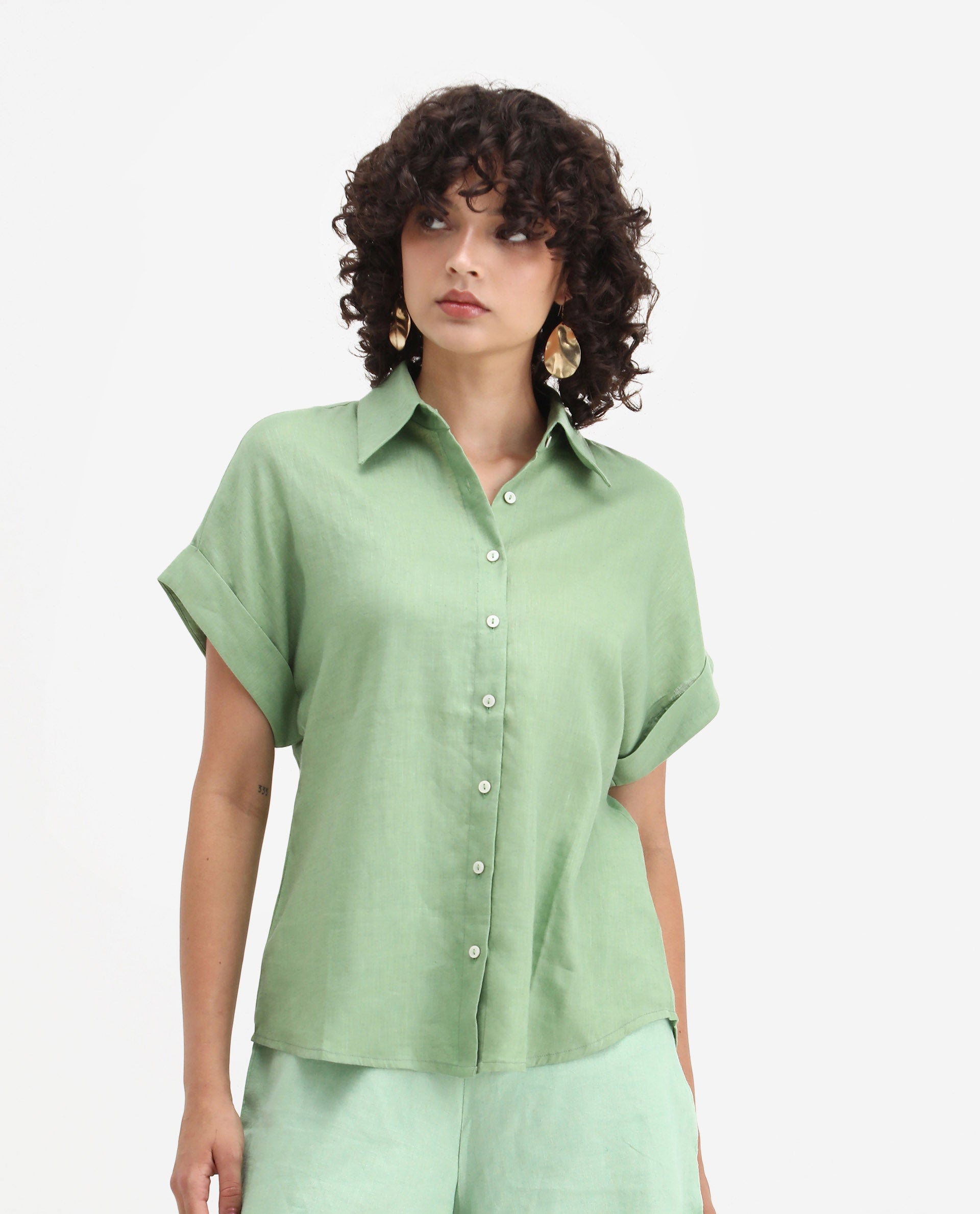 Rareism Women's Venezuela Pastel Green Cotton Linen Drop Collar Plain Extended Sleeves Relaxed Fit Shirt