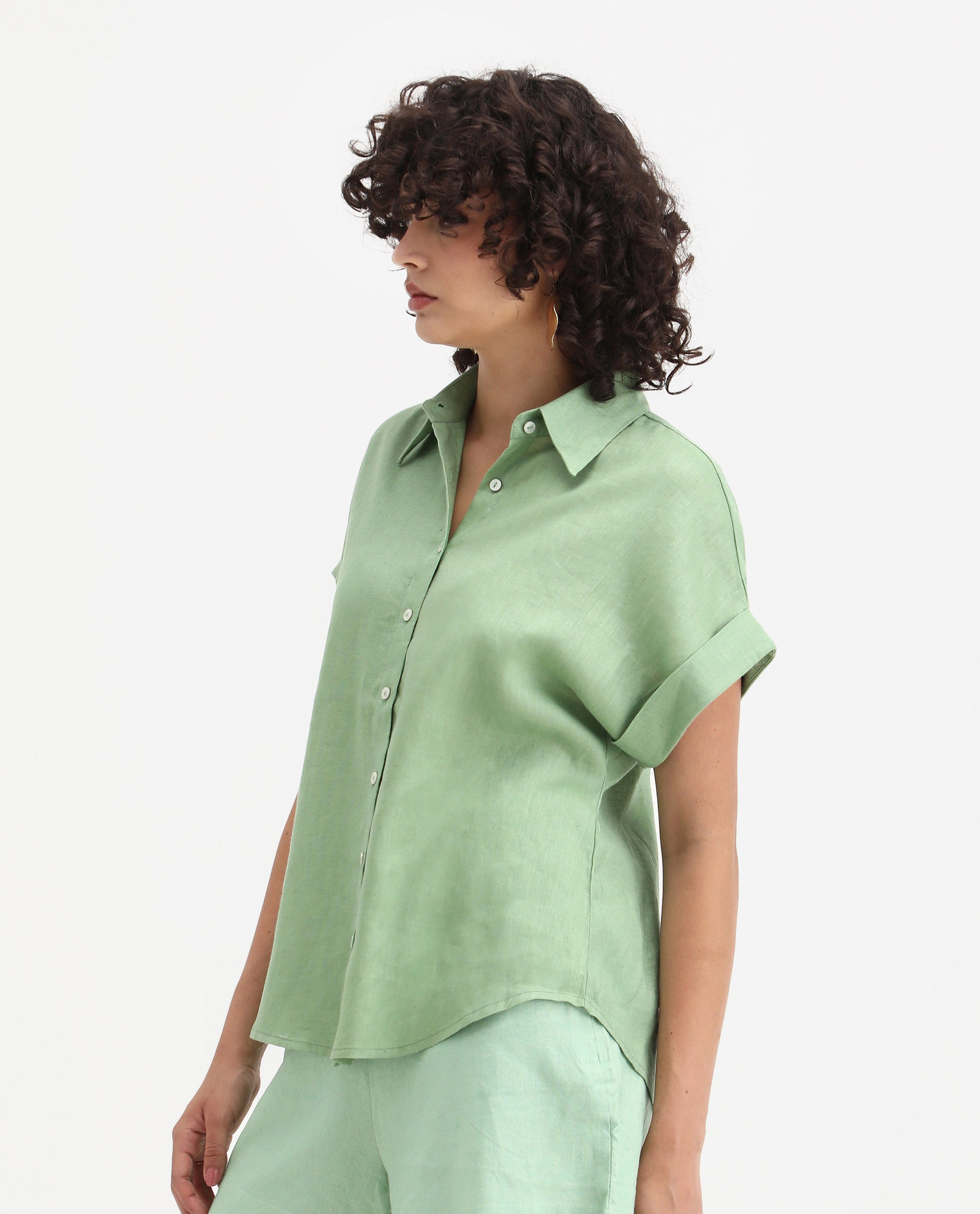 Rareism Women's Venezuela Pastel Green Cotton Linen Drop Collar Plain Extended Sleeves Relaxed Fit Shirt