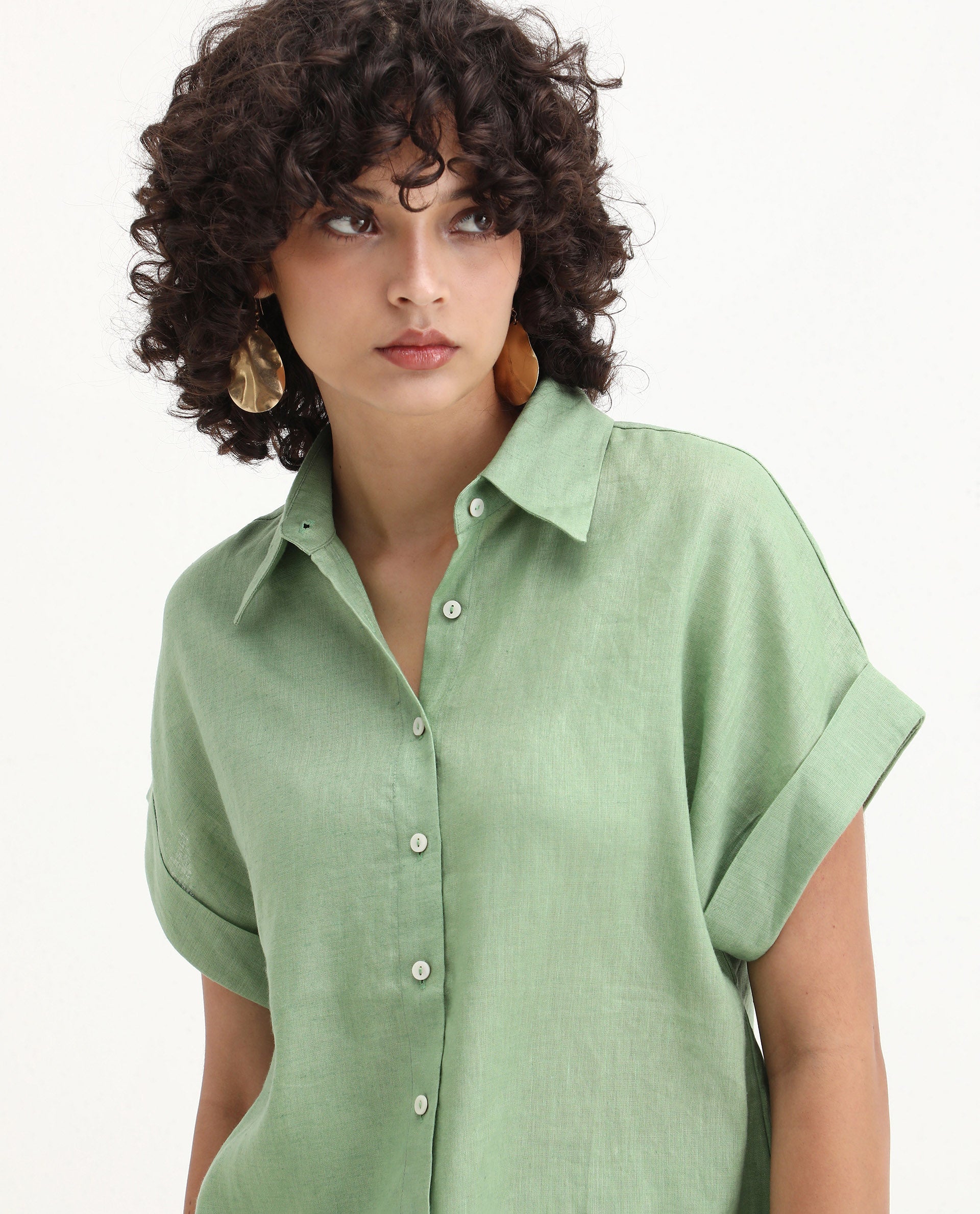 Rareism Women's Venezuela Pastel Green Cotton Linen Drop Collar Plain Extended Sleeves Relaxed Fit Shirt